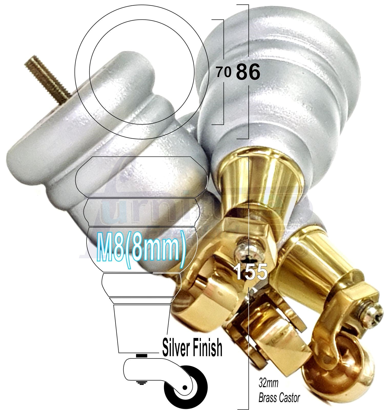 4 Turned Wood Furniture Feet With Brass Castors 155mm Legs Sofas Chairs Stools Cabinets Beds M8 6 Inches