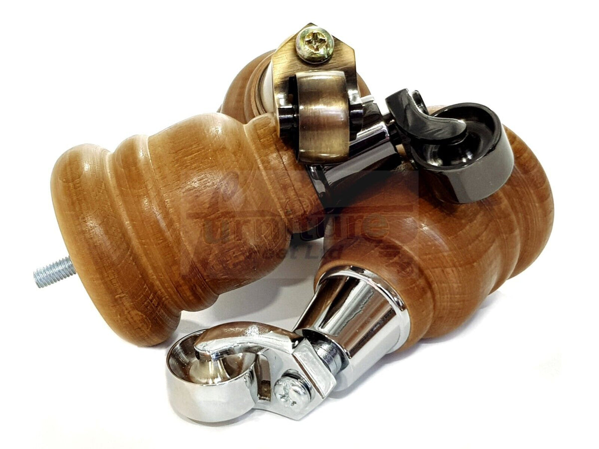 4 Turned Wood Dark Oak Stain Furniture Replacement Legs with Castors 155mm Legs M8 Fitting