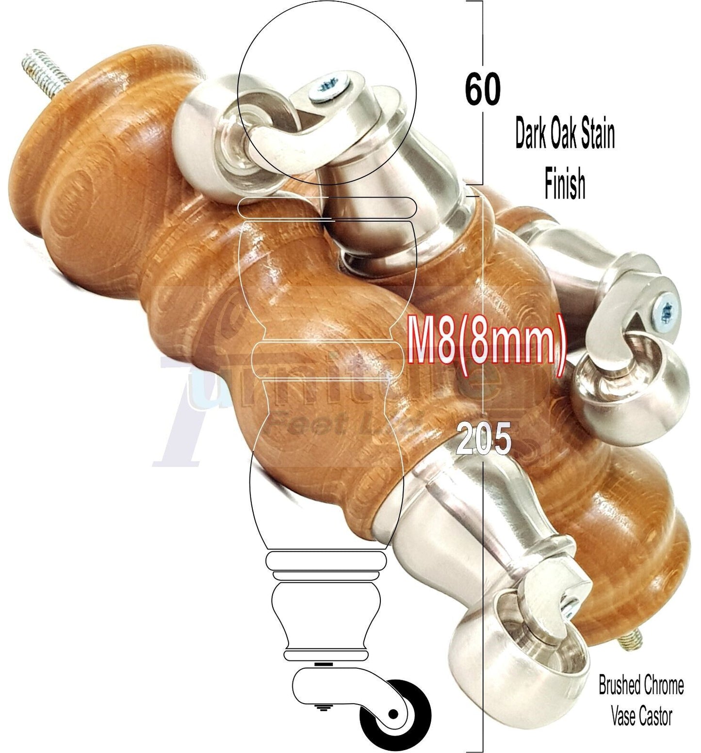 4x Furniture Feet With Castor 205mm High Legs Dark Oak Wood M8 Sofas Chairs Stools Cabinets 8 Inches Tall