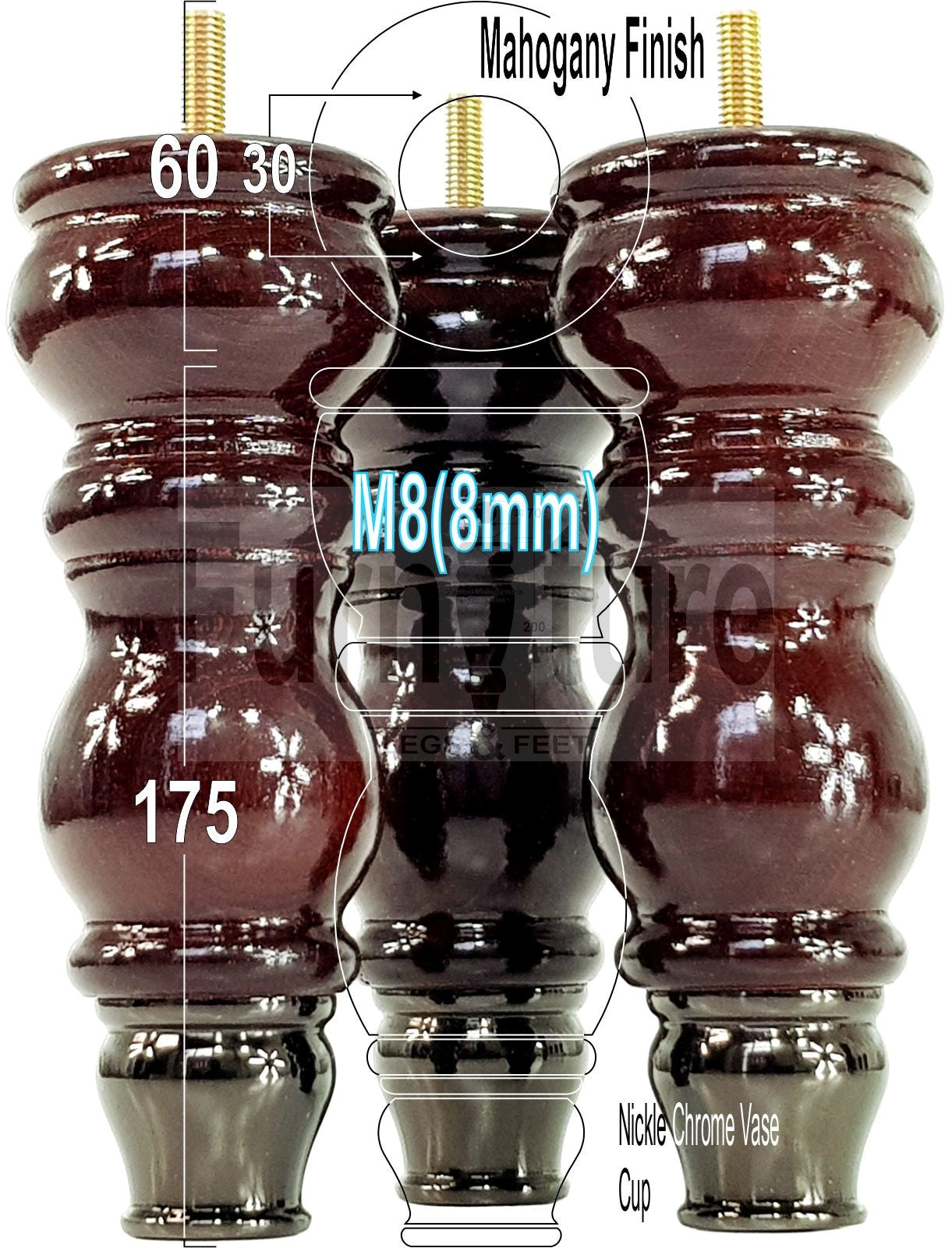 4x Furniture Feet With Slipper Cup 175mm High Legs Mahogany Finish Wood M8 Sofas Chairs Cabinets