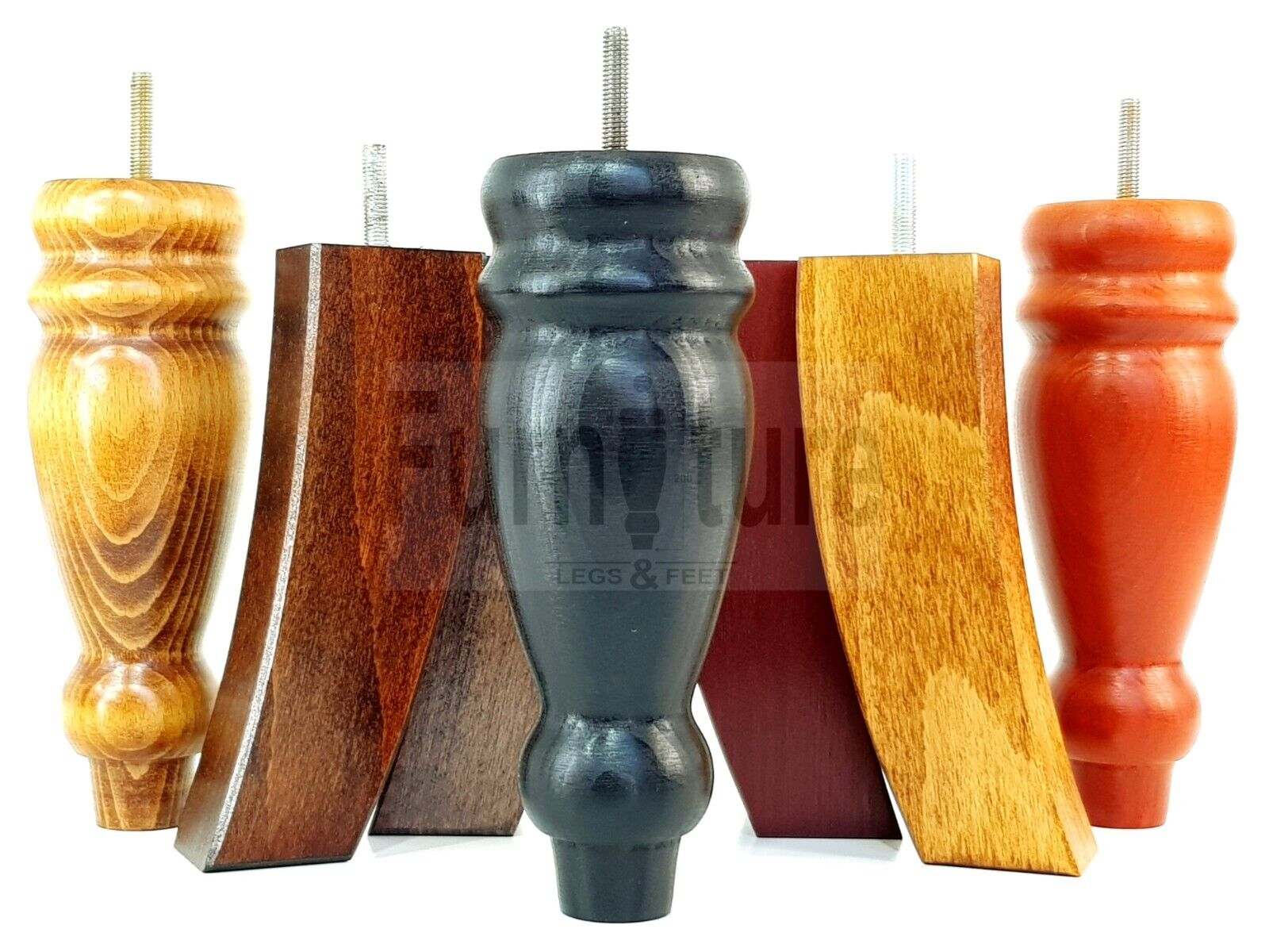 2 Traditional Turned Furniture Feet Replacement Sofa Legs 200mm & 2 Curved Back Legs 185mm for Chairs Stools Sofa Beds Settee Cabinets M8