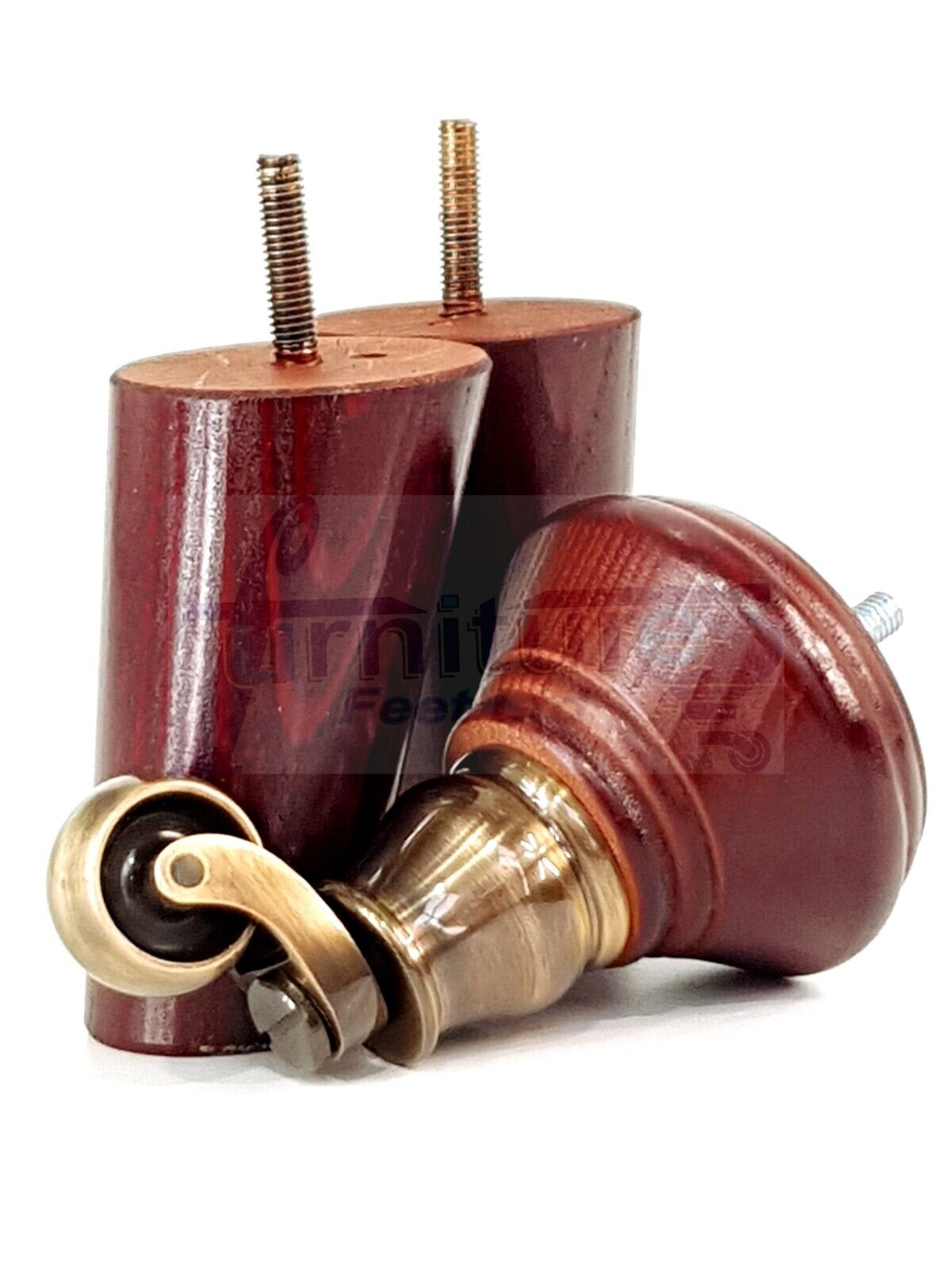 2 Mahogany Wood Furniture Sofa Legs With Castor 125mm & 2 Angled Back Feet Chair Settee 100mm High M8