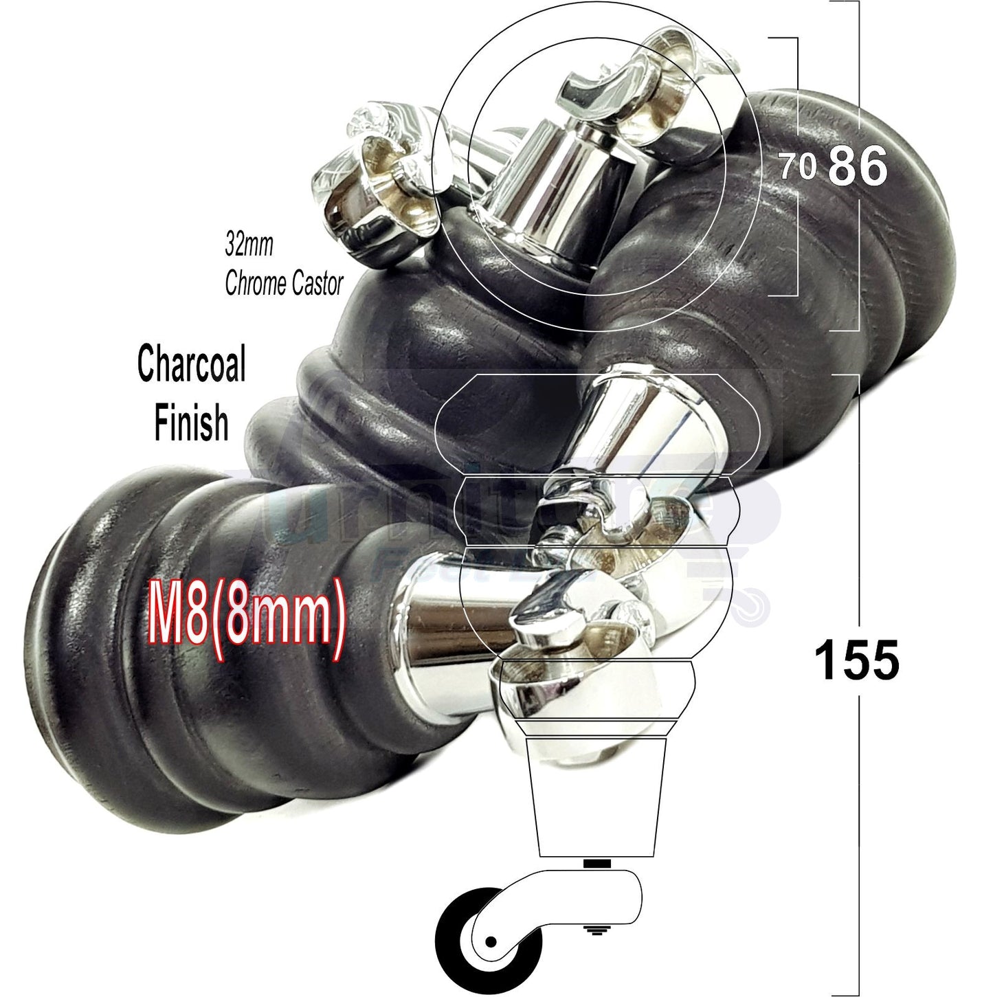 4 Turned Wood Furniture Feet With Chrome Castors 155mm Legs Sofas Chairs Stools Cabinets Beds M8 6 Inches