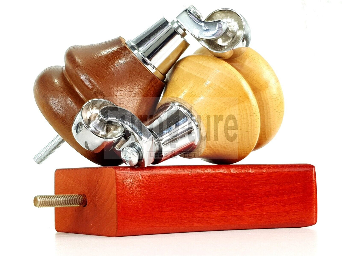 Turned Wood Furniture Feet 2 With Chrome Castors 140mm & 2 Curved Back Legs Sofas Chairs Stools Cabinets Beds M8