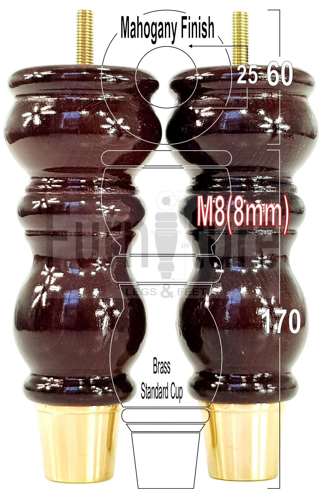 4x Furniture Feet With Slipper Cup 175mm High Legs Mahogany Finish Wood M8 Sofas Chairs Cabinets