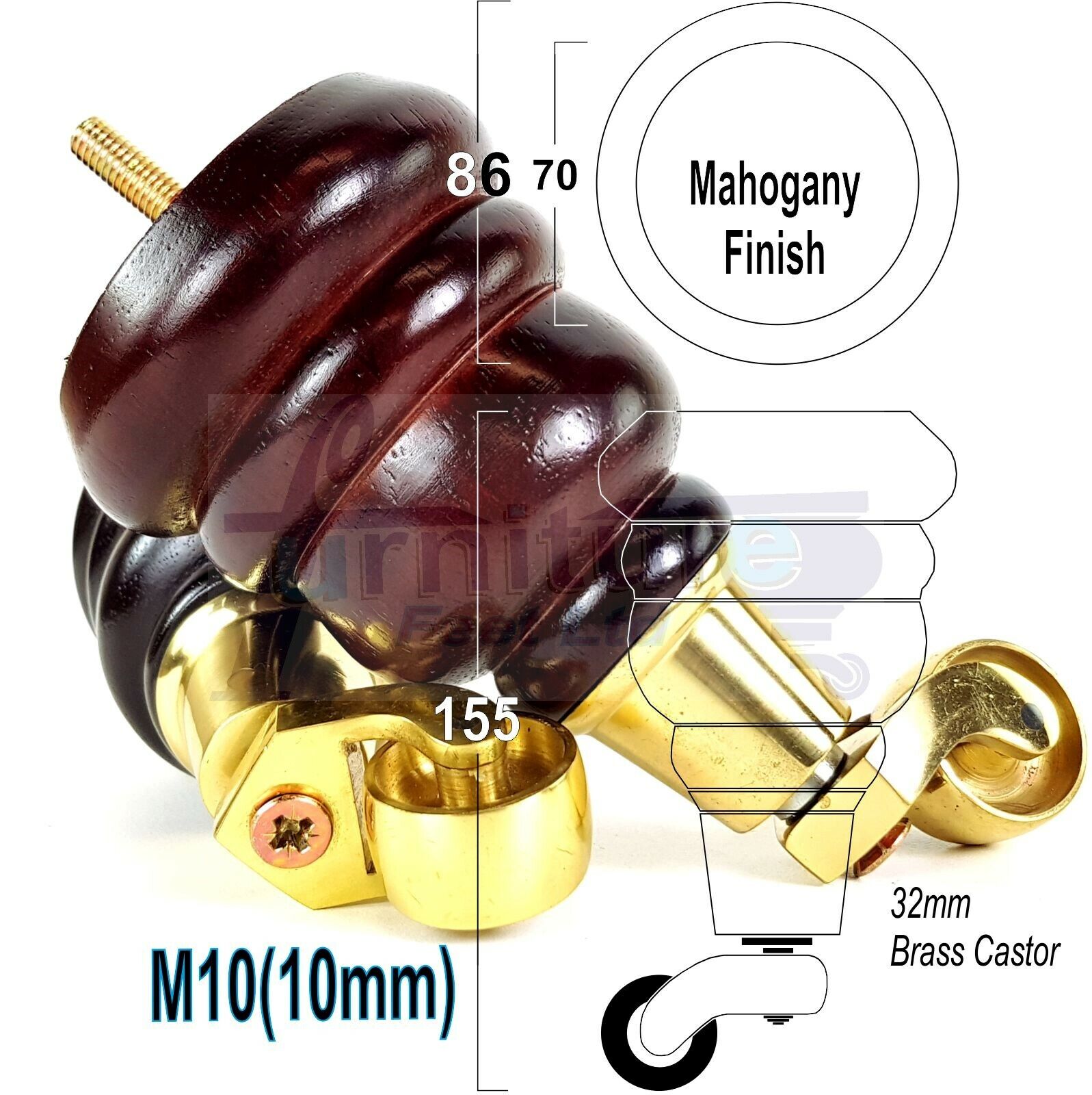 4 Mahogany Turned Wood Furniture Feet With Castors 155mm Legs Sofas Chairs Stools Cabinets Beds M10 6 Inches