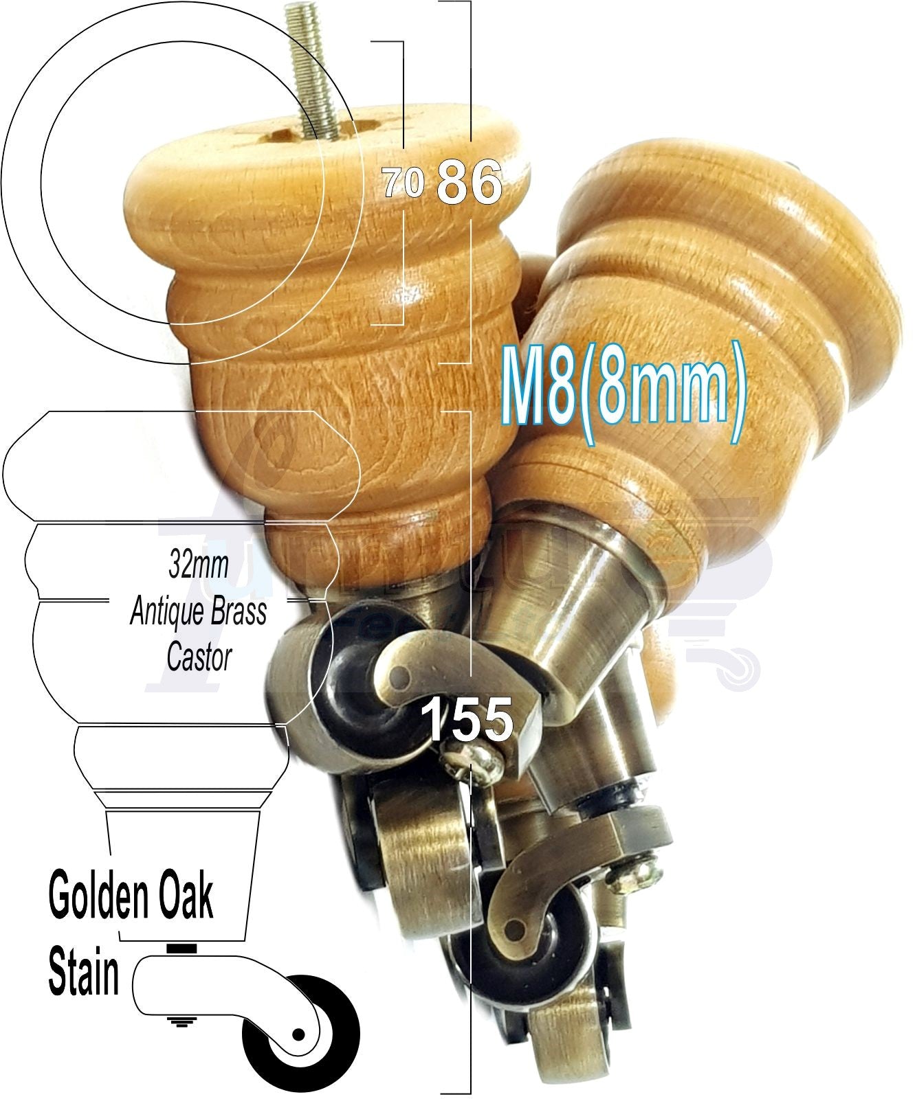 4 Turned Wood Furniture Feet With Antique Brass Castors 155mm Legs Sofas Chairs Stools Cabinets Beds M8 6 Inches