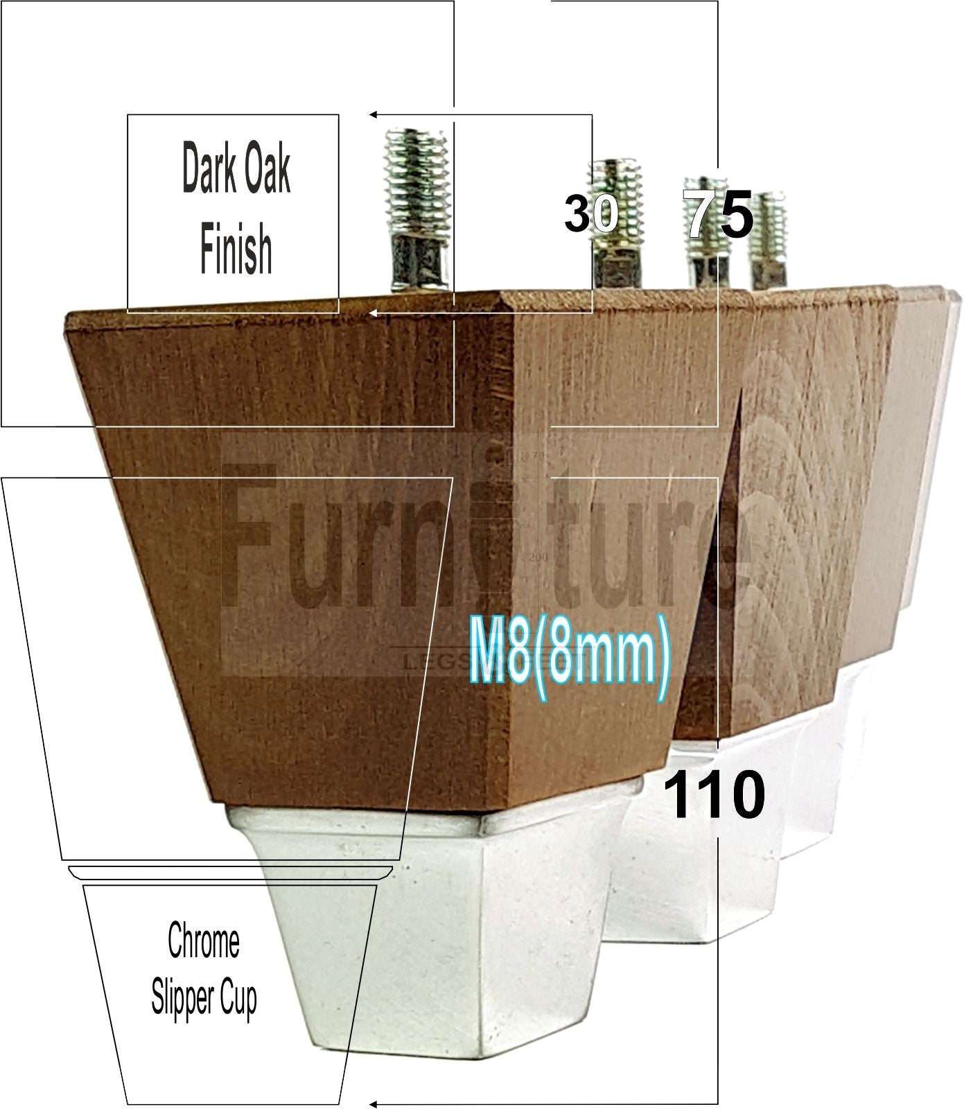 4x Block Wood With A Chrome Slipper Cup Furniture Chair Settee Legs M8 Sofa Feet 110mm