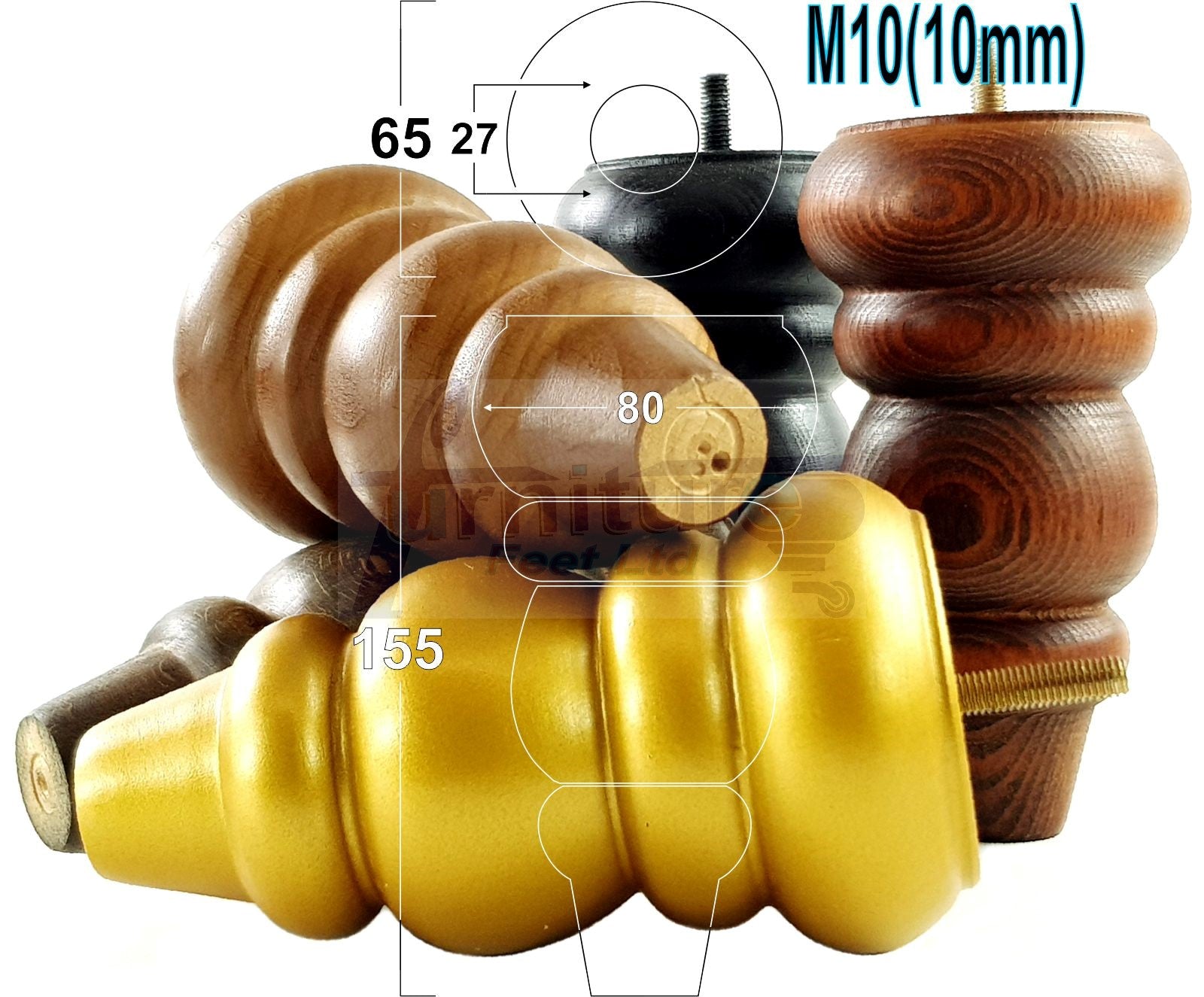4 Wood Round Furniture Feet Turned Replacement Legs 155mm High Chairs Stools Sofa Beds Settee Cabinets M10 Various Colours 6 Inch high