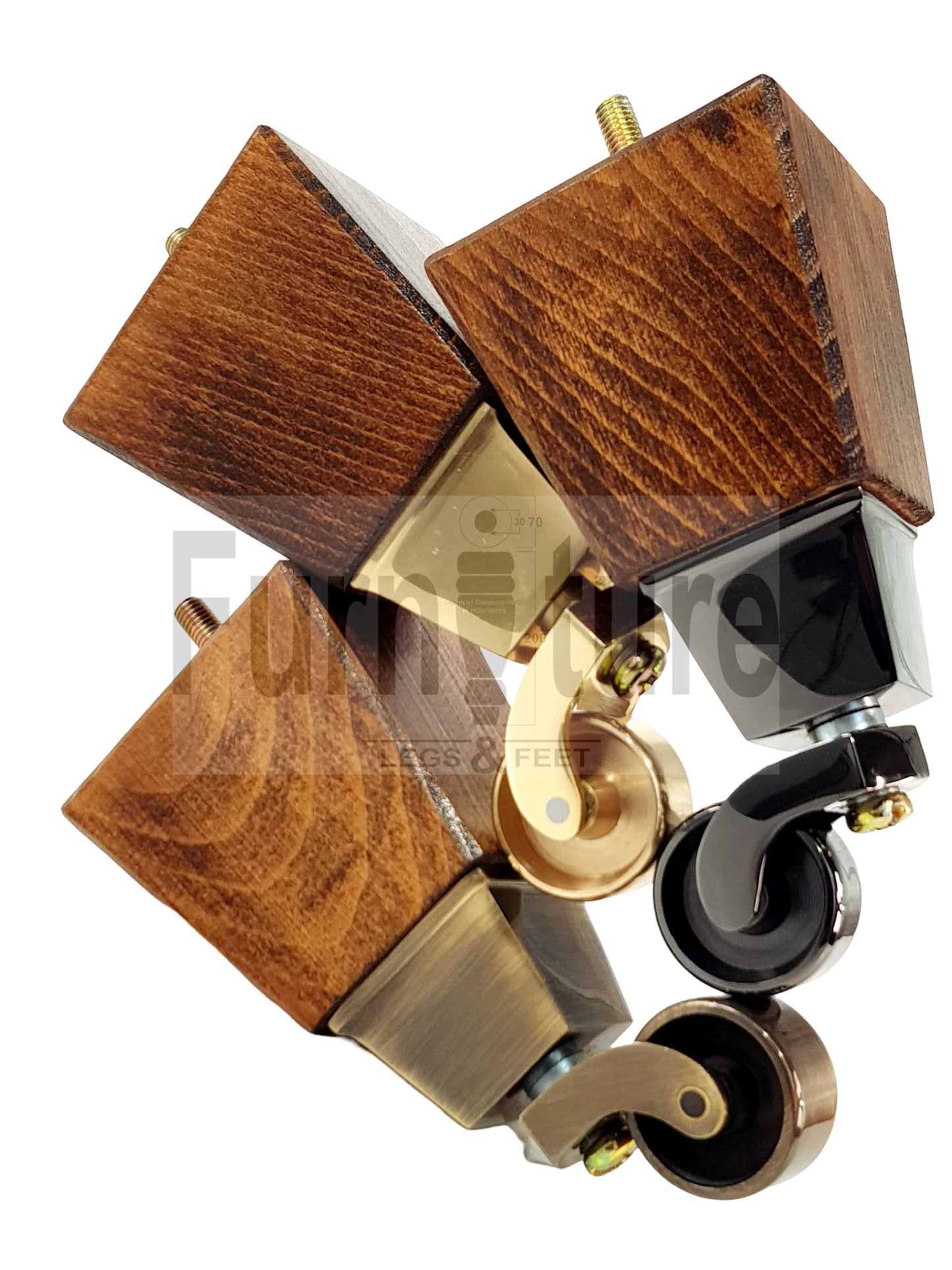 4x Block Wood Furniture Legs With Castor 8mm Thread For Chairs Settees Sofa 150mm High