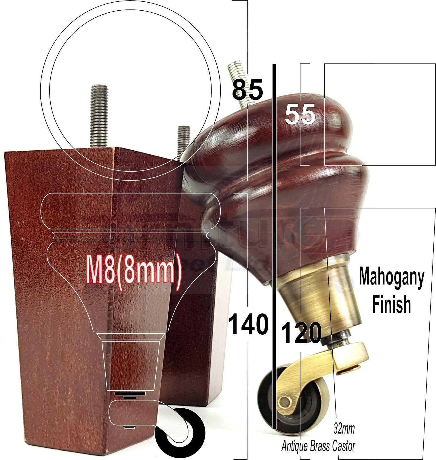 Turned Wood Furniture Feet 2 With Castors 140mm & 2 Curved Back Legs Sofas Chairs Cabinets Beds M8