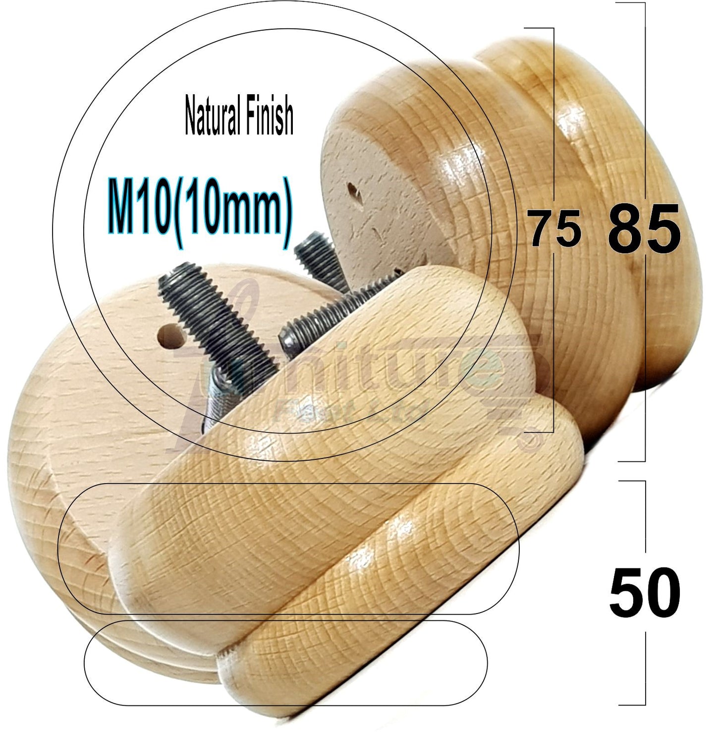 4 Wood Bun Feet Replacement Furniture Legs 50mm High M10 Thread Chairs Beds