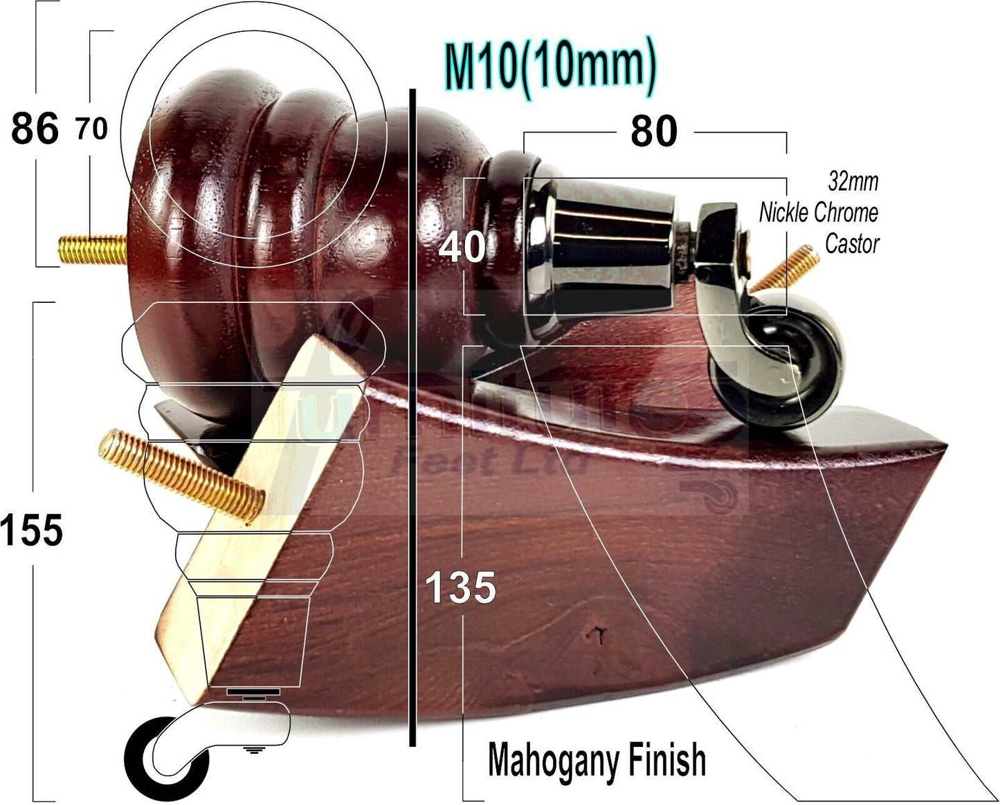 2 Replacement Wood Furniture Legs With Castors & 2 Curved Feet Mahogany 155mm Chair Sofa Stool M10