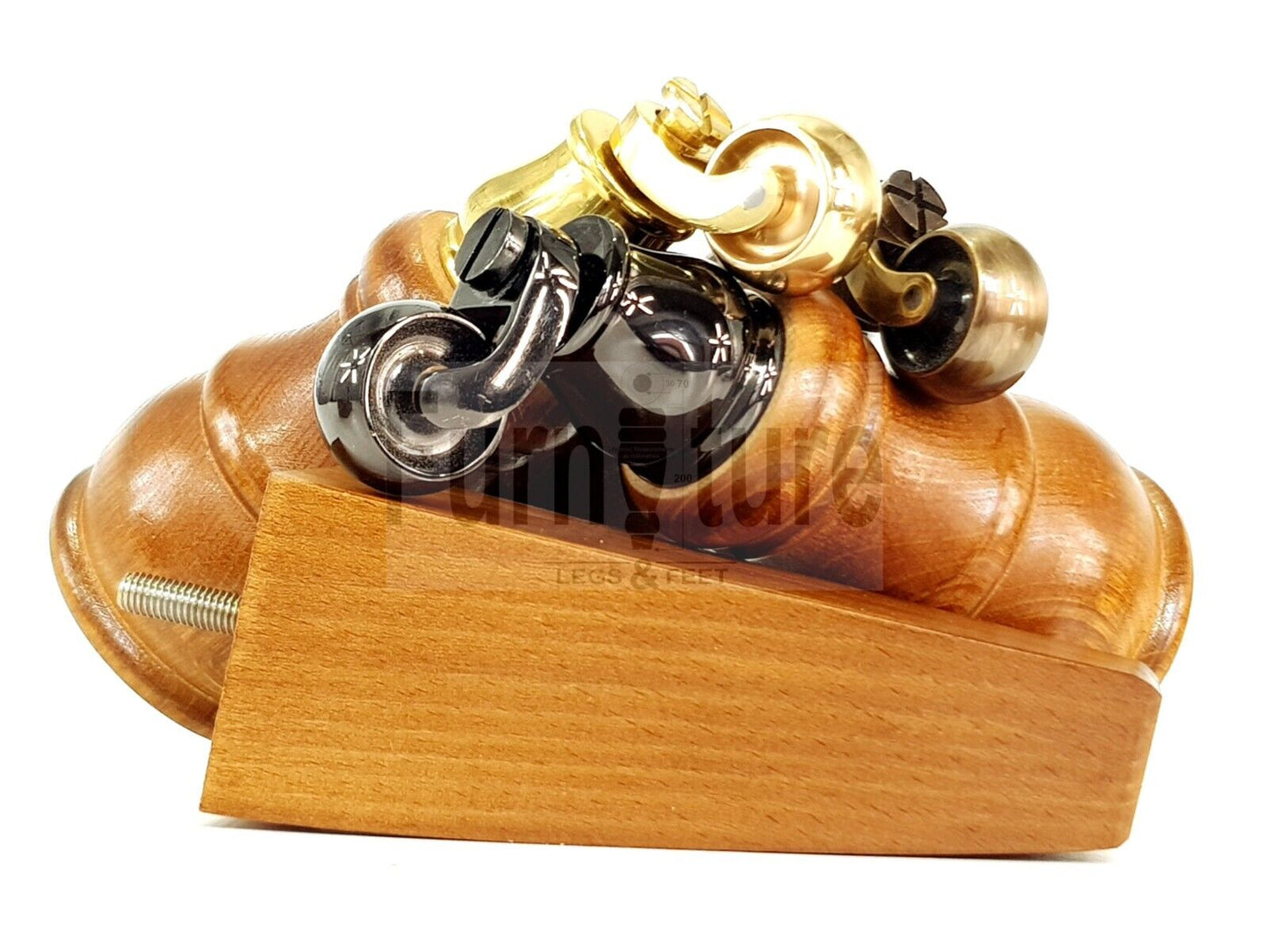 2 Wooden Castor Furniture Sofa Legs & 2 Curved Back Feet  Dark Oak Stain M8 Chair Settee Feet 160mm High