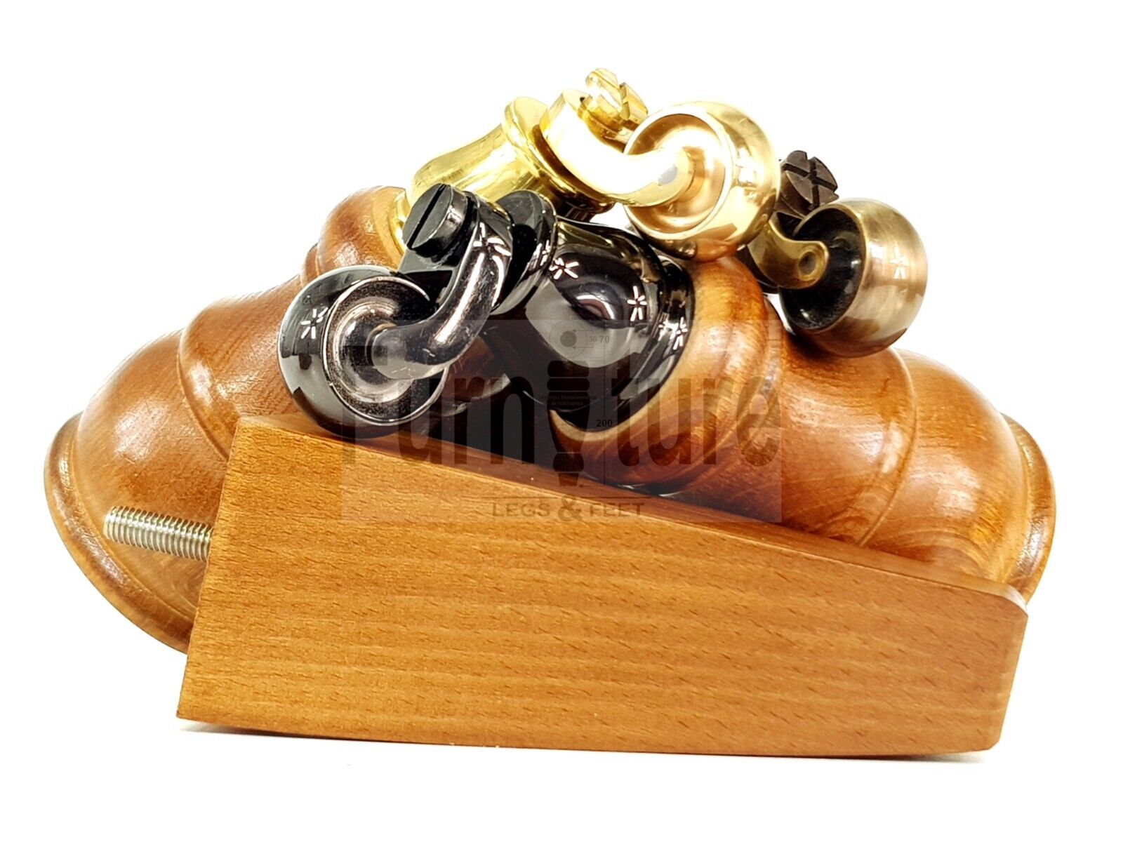 2 Wooden Castor Furniture Sofa Legs & 2 Curved Back Feet  Dark Oak Stain M8 Chair Settee Feet 160mm High