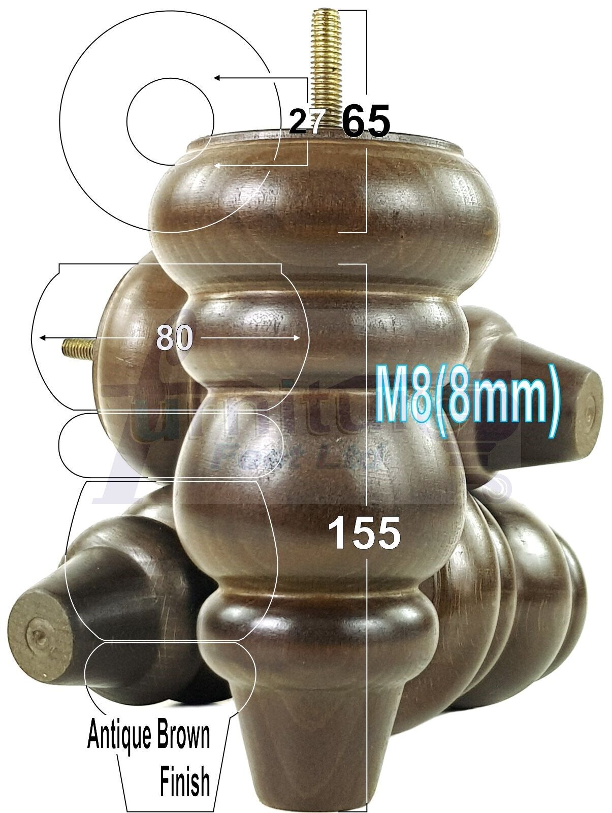 4 Solid Turned Wood Furniture Sofa Leg M8 Chair Settee Footstool Feet 155mm High