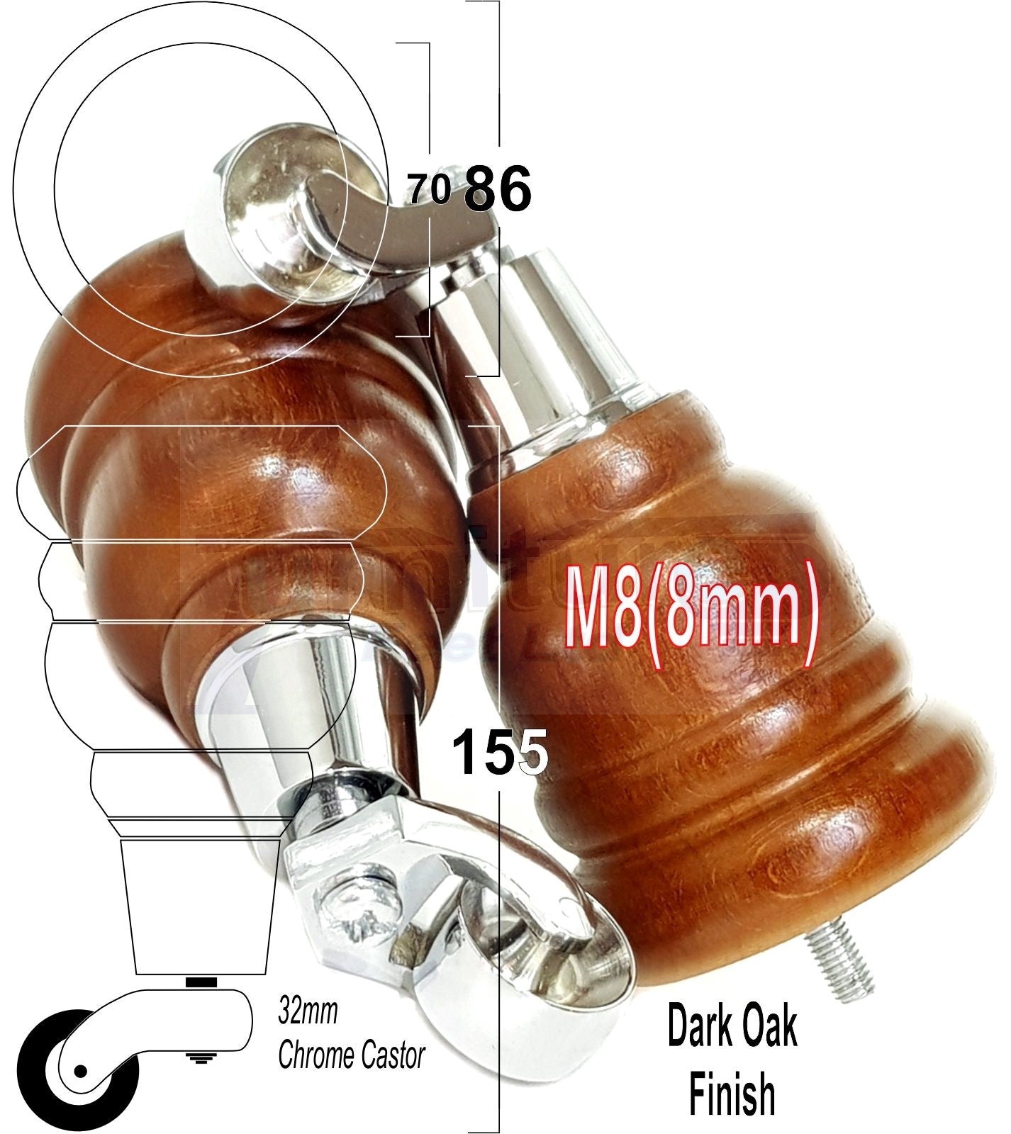4 Turned Wood Furniture Feet With Chrome Castors 155mm Legs Sofas Chairs Stools Cabinets Beds M8 6 Inches