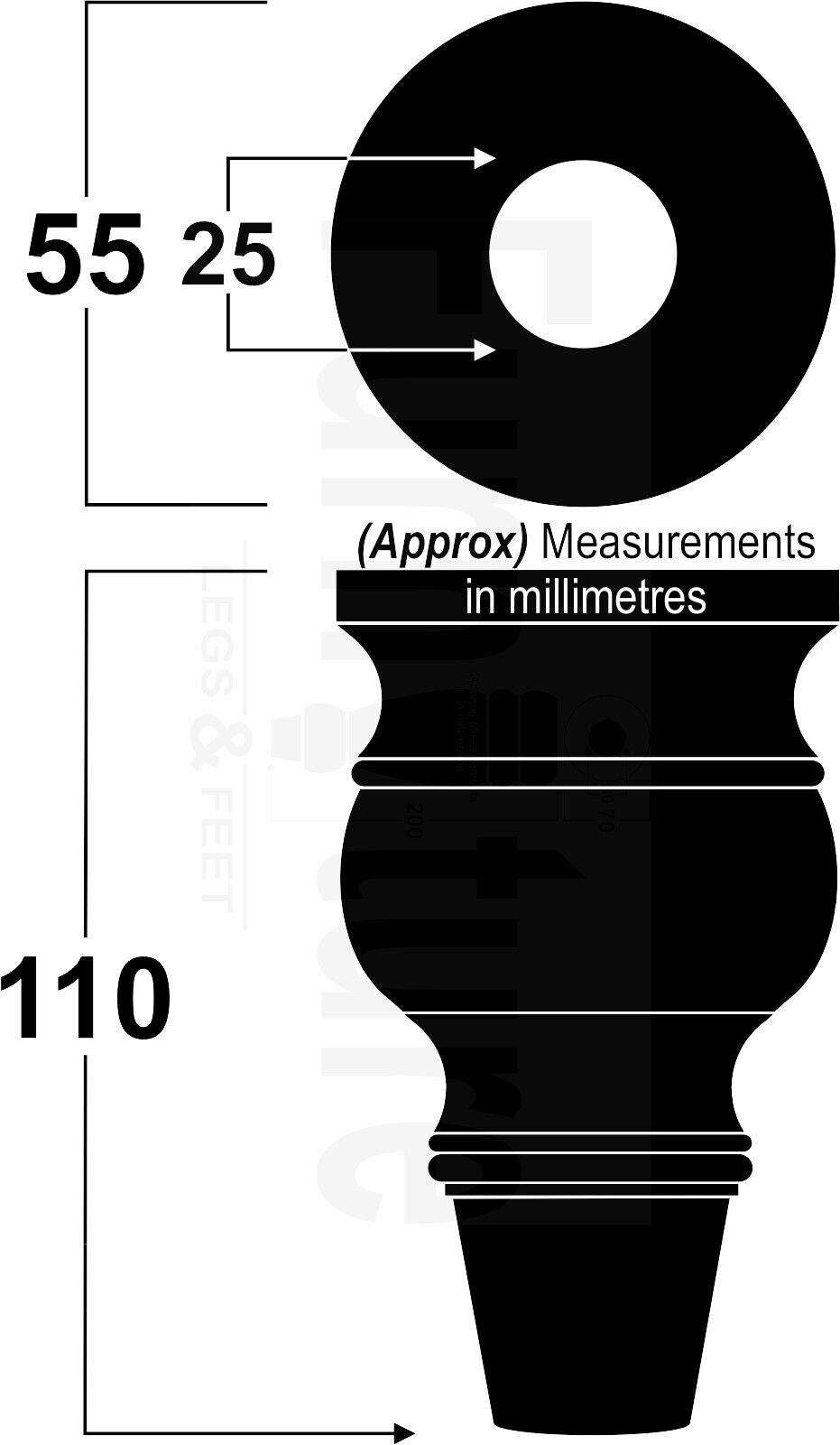 4x Turned Wooden Furniture Leg Brass Slipper Cup Sofa, Chair Feet 110mm High M8