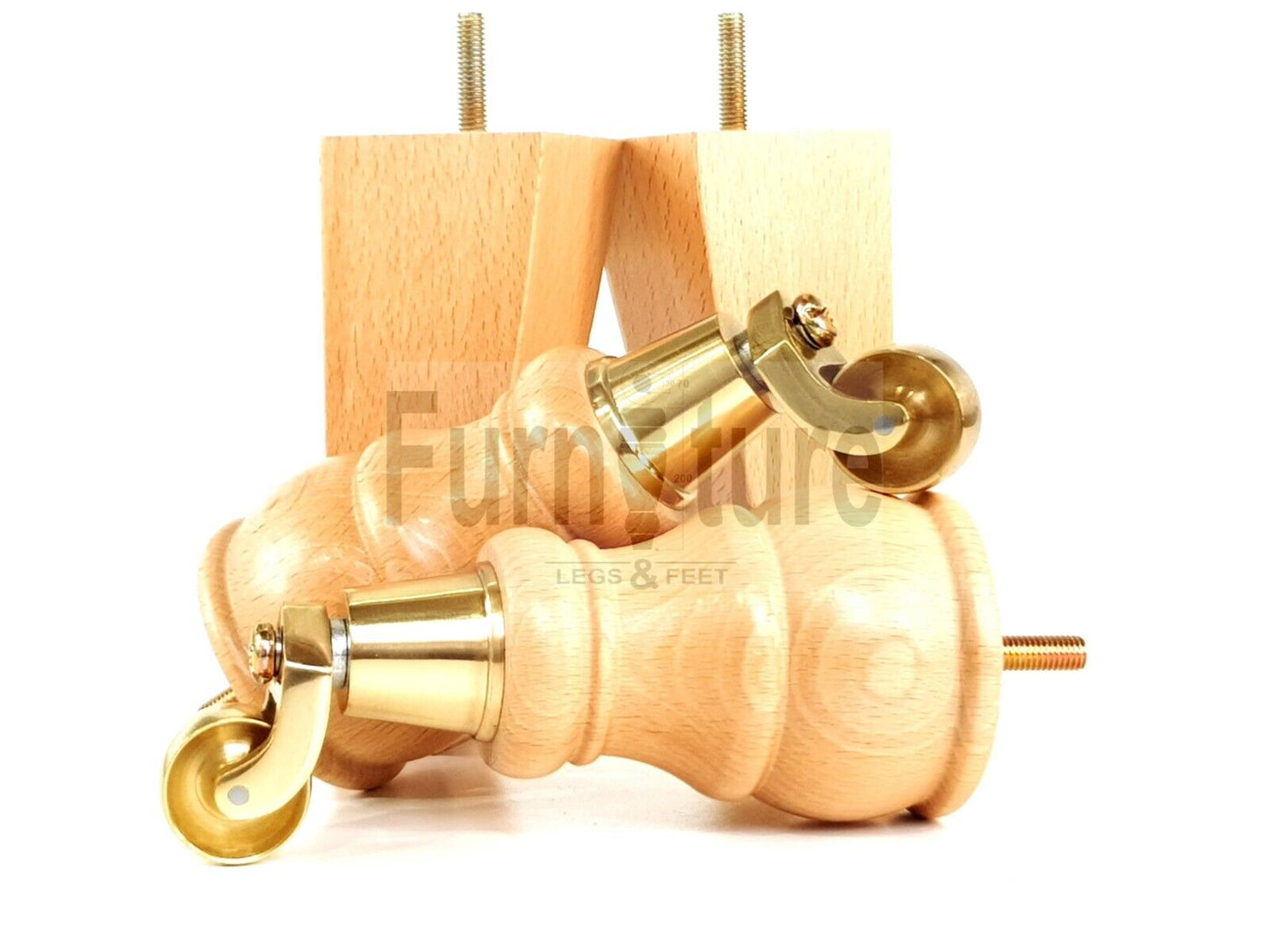 2 Wooden Castor Furniture Sofa Legs & 2 Curved Back Feet  Natural M8 Chair Settee Feet 160mm High