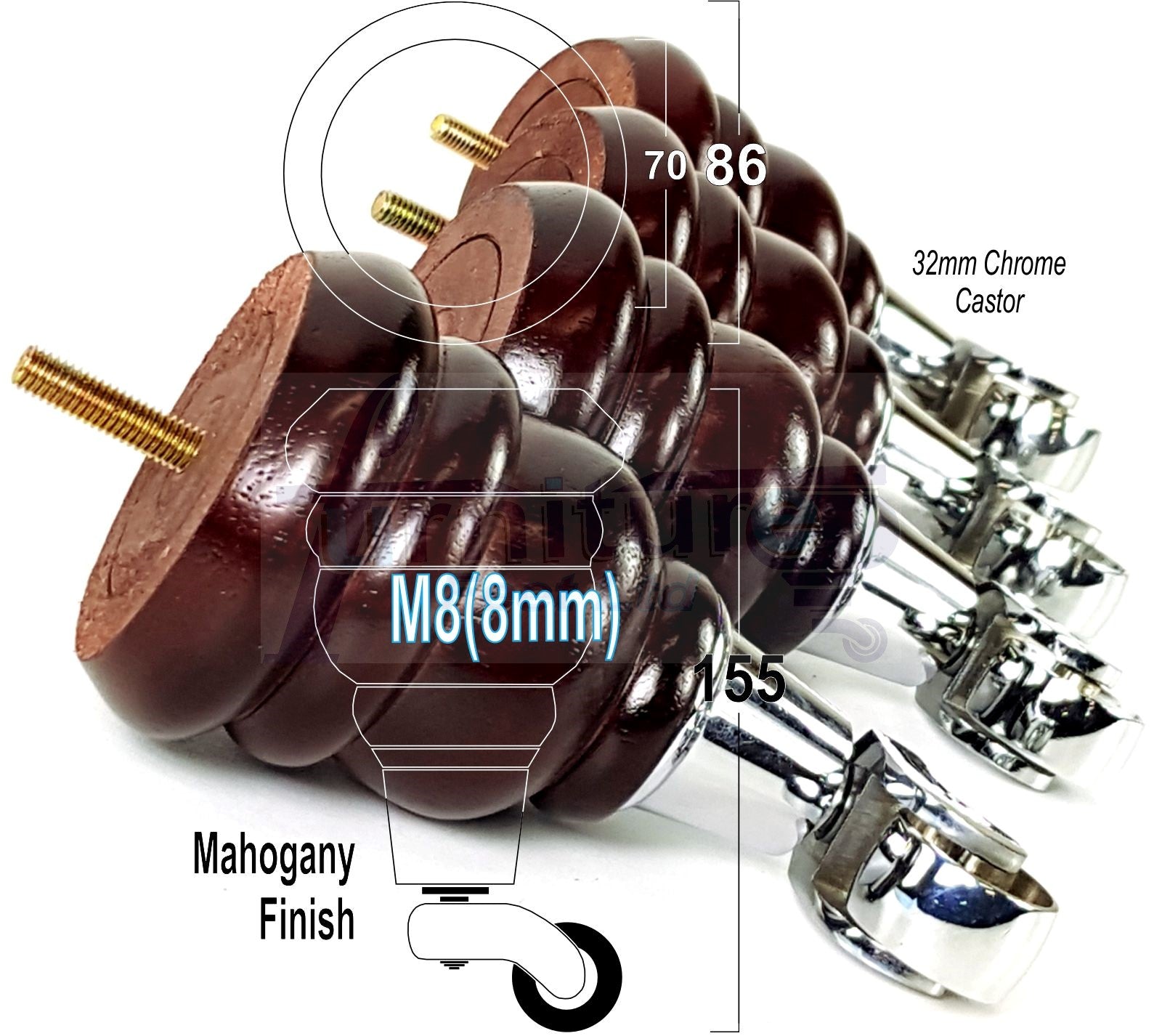 4 Turned Wood Furniture Feet With Chrome Castors 155mm Legs Sofas Chairs Stools Cabinets Beds M8 6 Inches