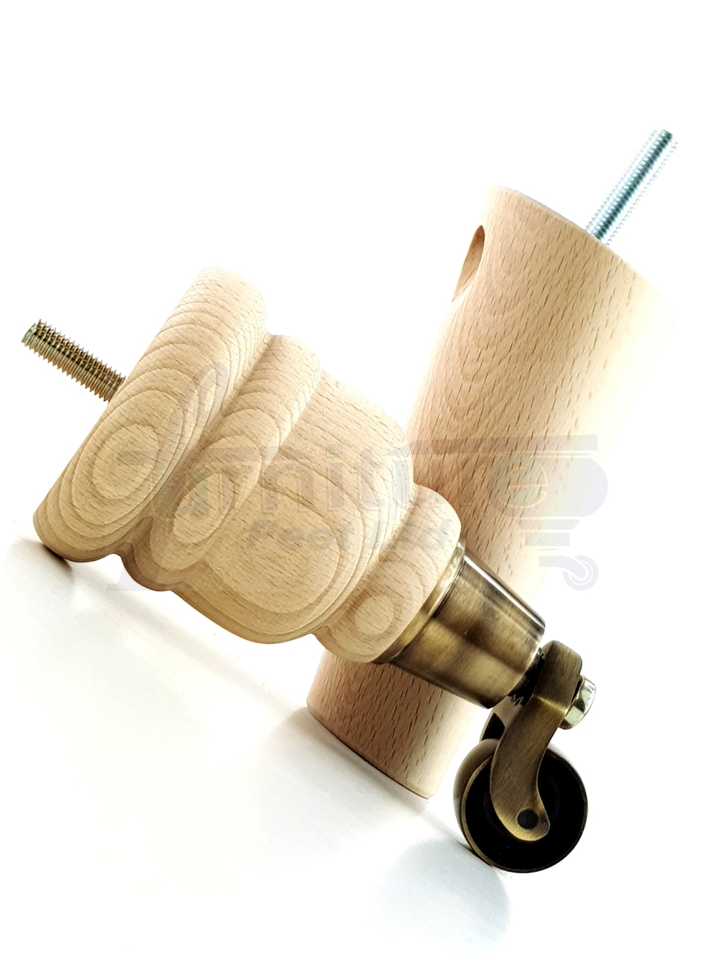 Raw Turned Wood Replacement Furniture Legs 2x with Antique Castors and 2x Angled Back Legs M8 Dowl Fitting 155mm High 6 Inches