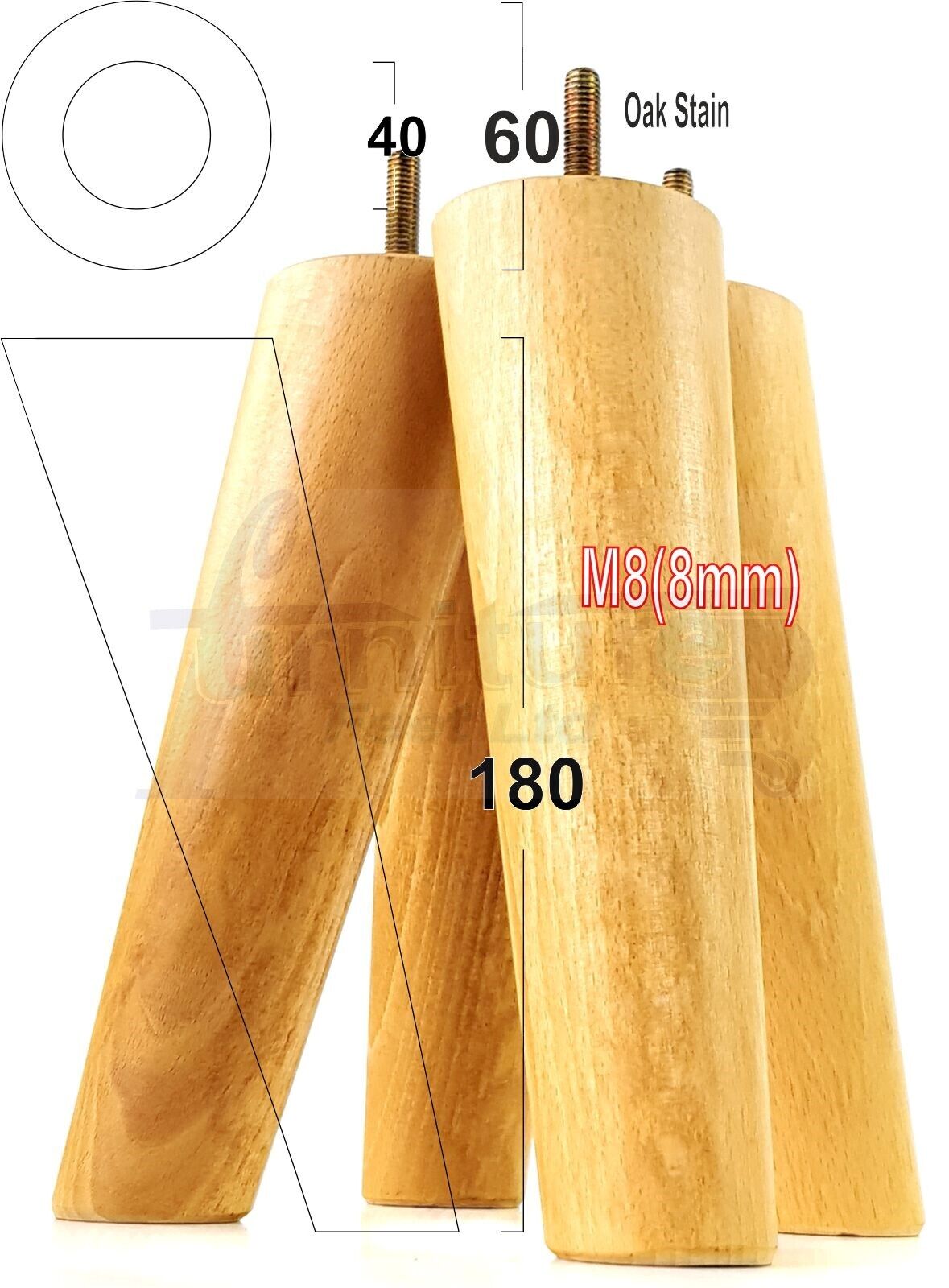 4 Solid Wood Turned Furniture Feet Replacement Mid Centry Angled Retro Legs 180mm High M8 Sofa Chairs Stools Cabinets Beds