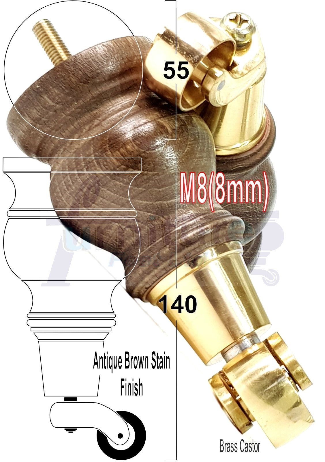 4x Turned Wood Furniture Feet With Brass Castors M8 Chair Sofa Settee Legs 140mm