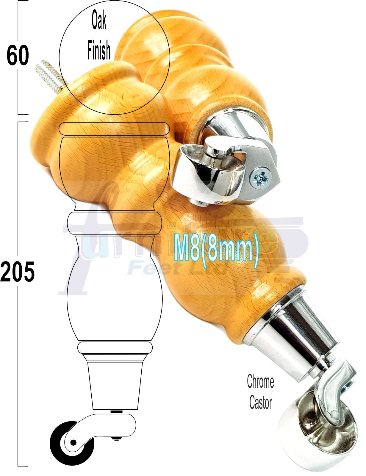 Solid Wood Furniture Feet With Castors Set of 4 Legs 205mm High For Sofas Chairs Stools Cabinets & Beds M8