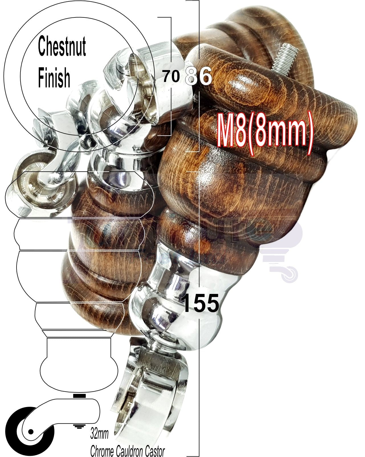 4 Turned Wood Furniture Feet With Chrome Cauldron Castors 155mm Legs Sofas Chairs Stools Cabinets Beds M8 6 Inches