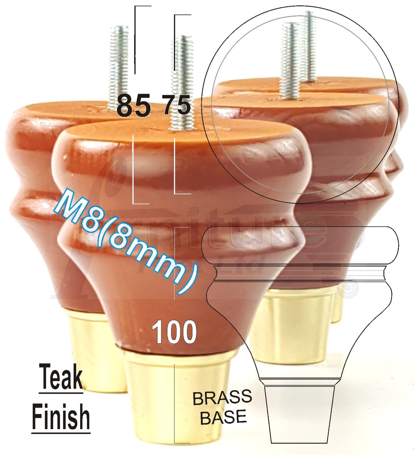 4x Turned Wood Furniture Feet M8(8mm) With Slipper Cup Chair Sofa Settee Legs 110mm