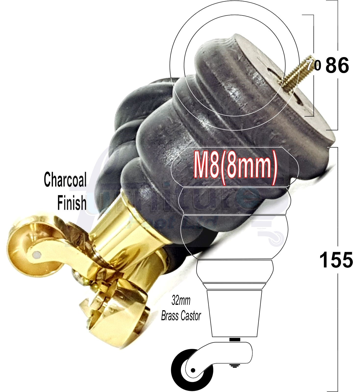 4 Turned Wood Furniture Feet With Brass Castors 155mm Legs Sofas Chairs Stools Cabinets Beds M8 6 Inches
