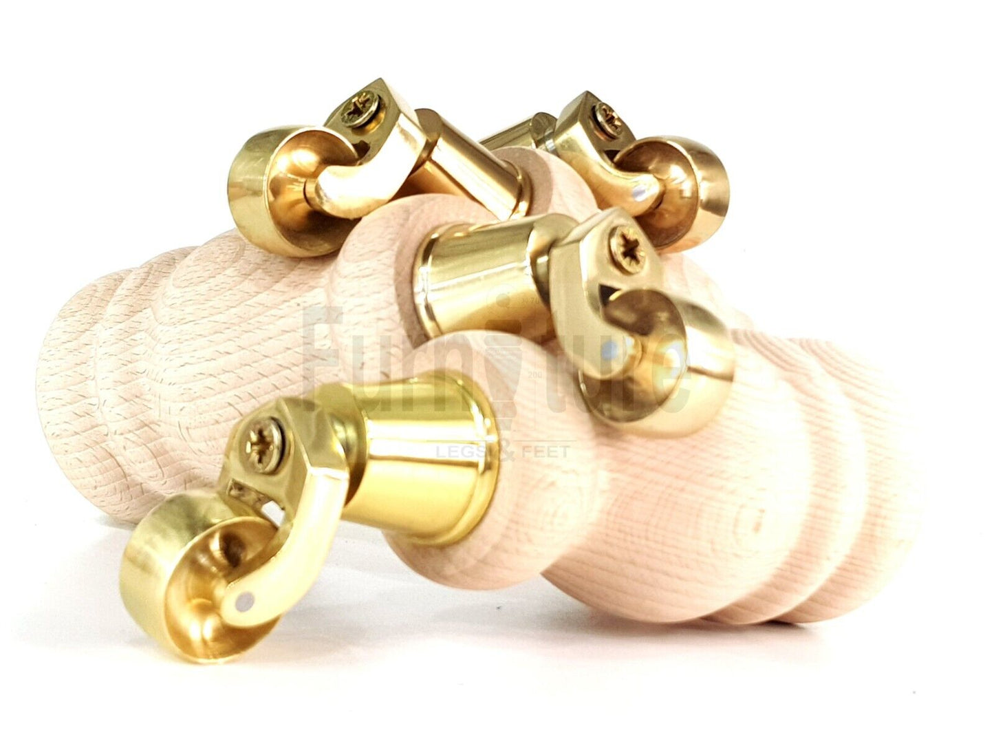 Set Of 4 Wooden Turned Replacement Furniture Legs 200mm High With Brass Castor Wheels 8mm Thread
