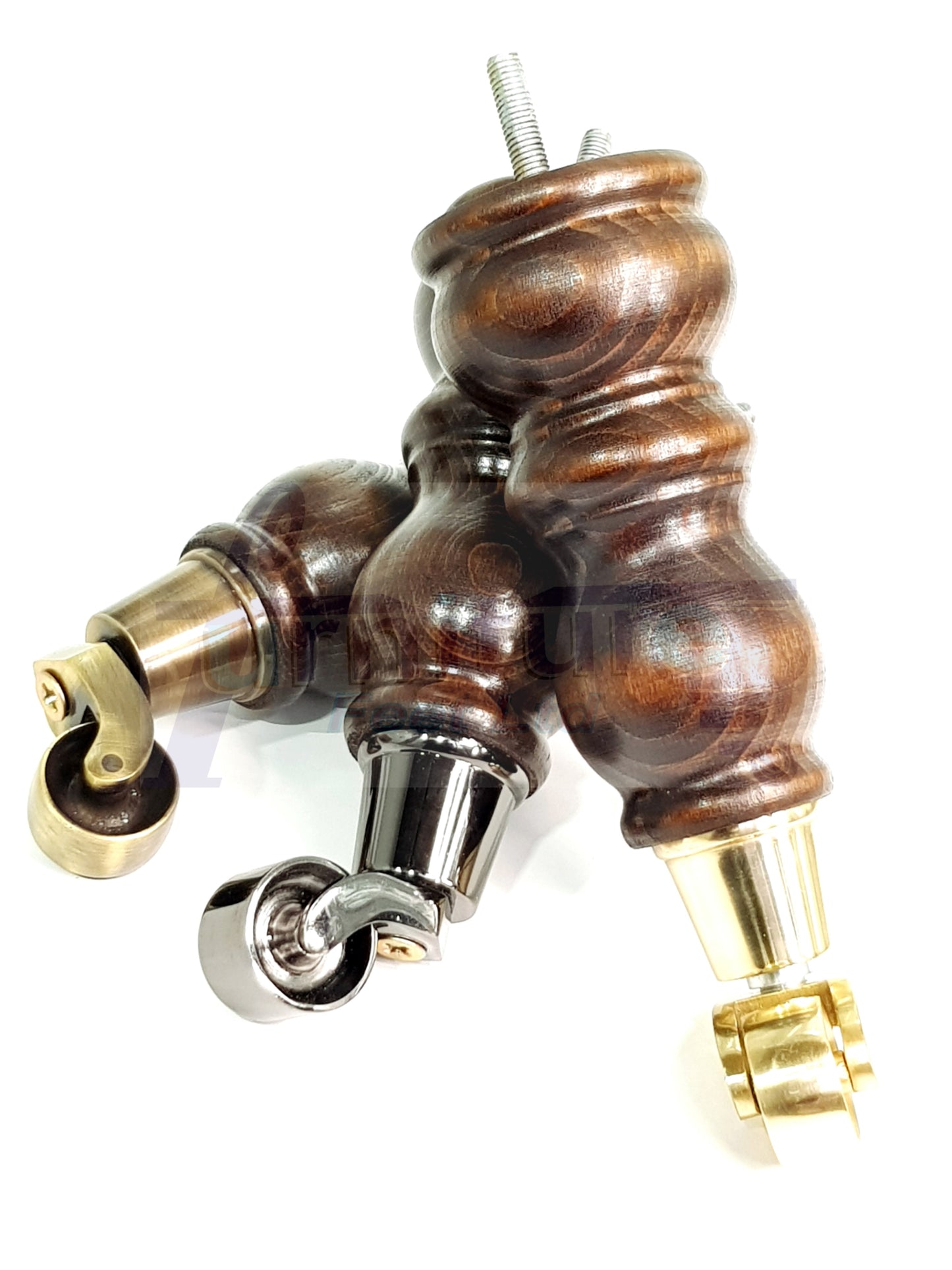 4x Solid Wooden Furniture Legs with Castor 205mm 8 Inches High Walnut Replacement Feet 8mm Threaded Dowl Fix