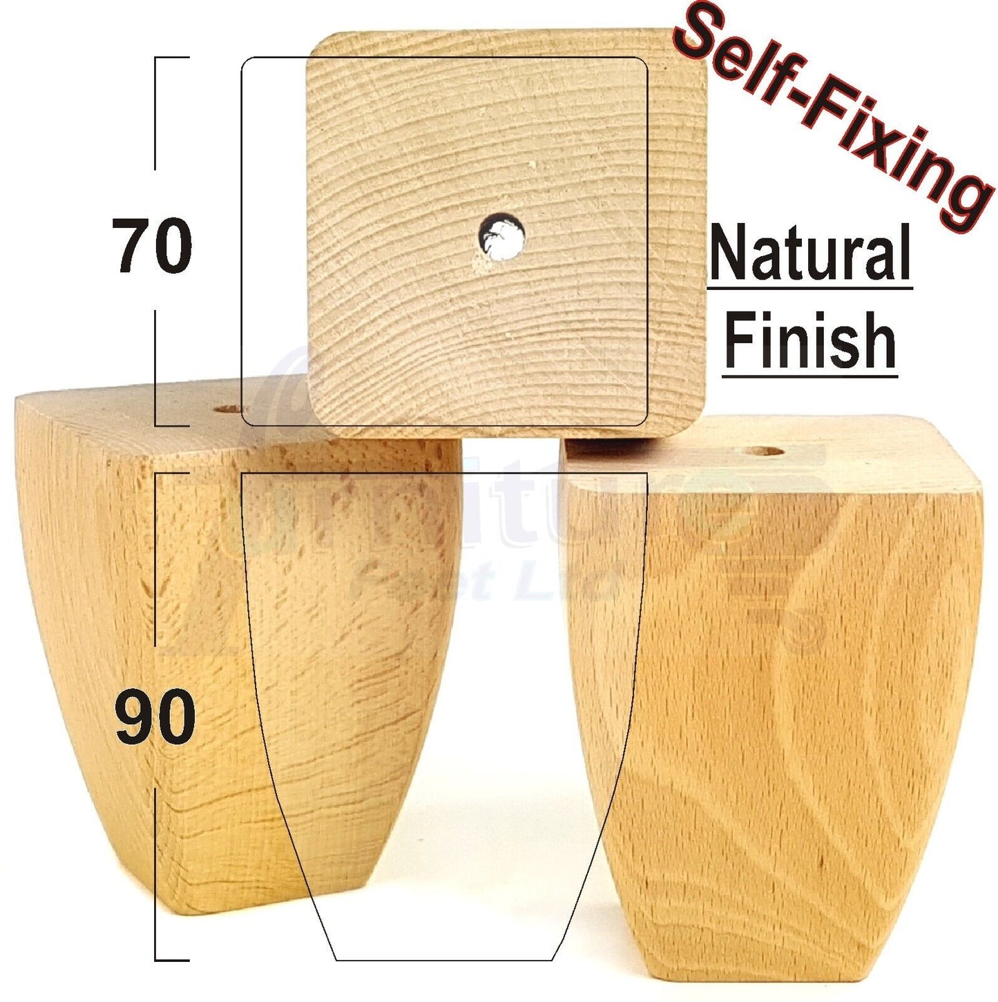 4x Solid Wooden Block Furniture Feet Replacement Legs 90mm High Self-Fix