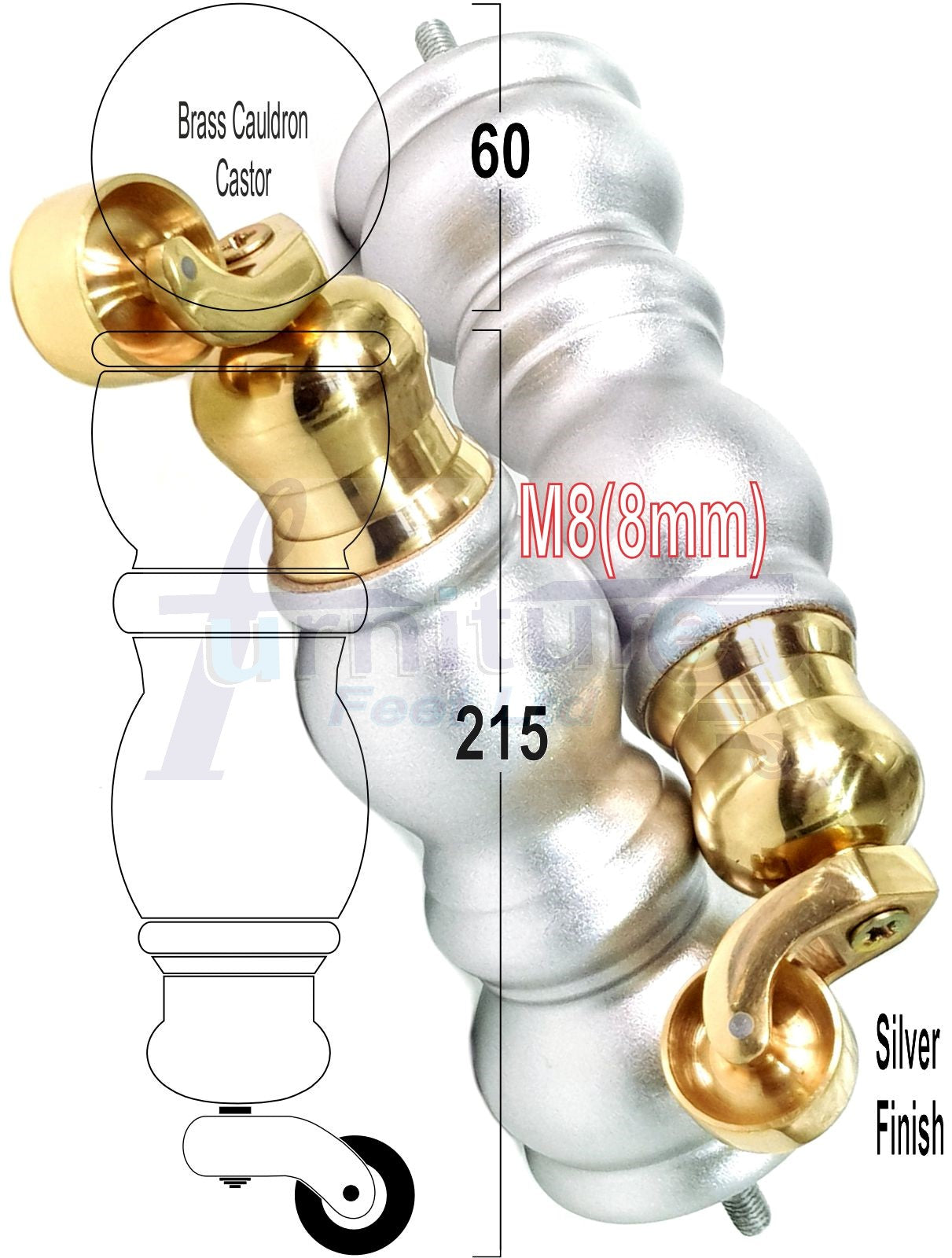 4x Furniture Feet With Castor 205mm High Legs Silver Wood M8 Sofas Chairs Stools Cabinets 8 Inches Tall