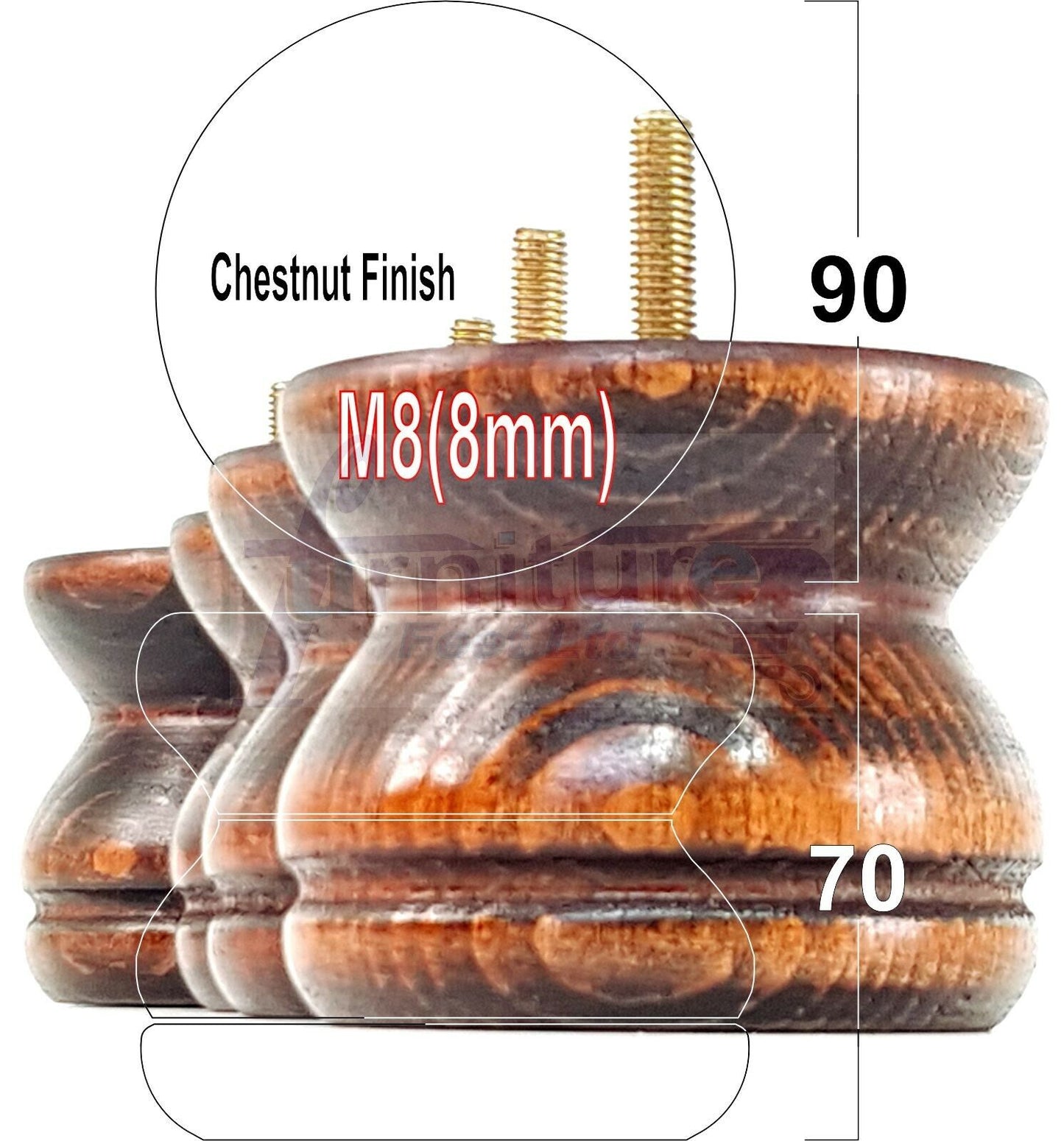 4x Turned Solid Wood Furniture Legs Replacement Bun Feet 70mm High 8mm Thread