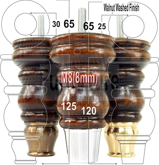 4x Turned Solid Beech Wood Furniture Legs and Slipper Cup Chair Replacement Feet 125mm High 8mm Threaded Dowl Fixing