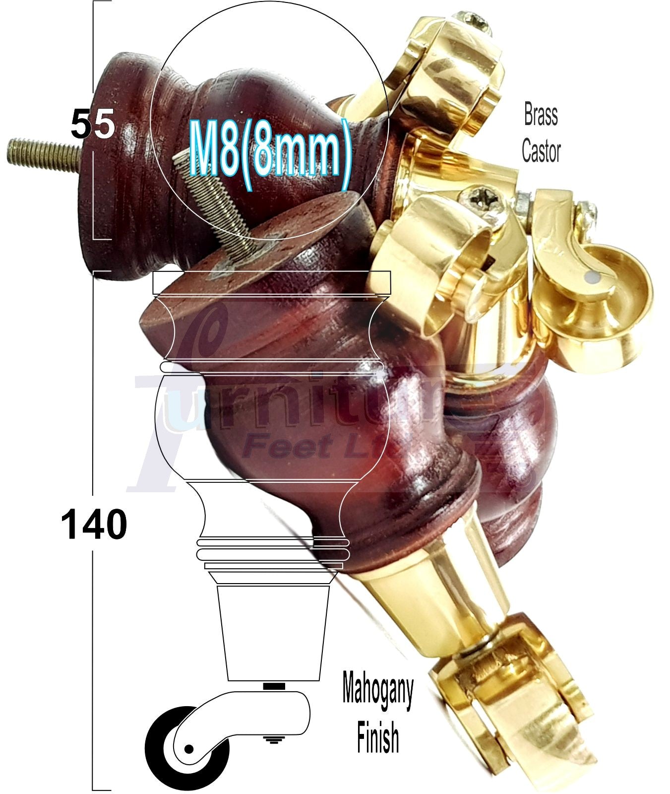 Set Of 4 Turned Wood Furniture Legs With140mm High Castor 8mm Thread For Chairs Settees & Cabinets