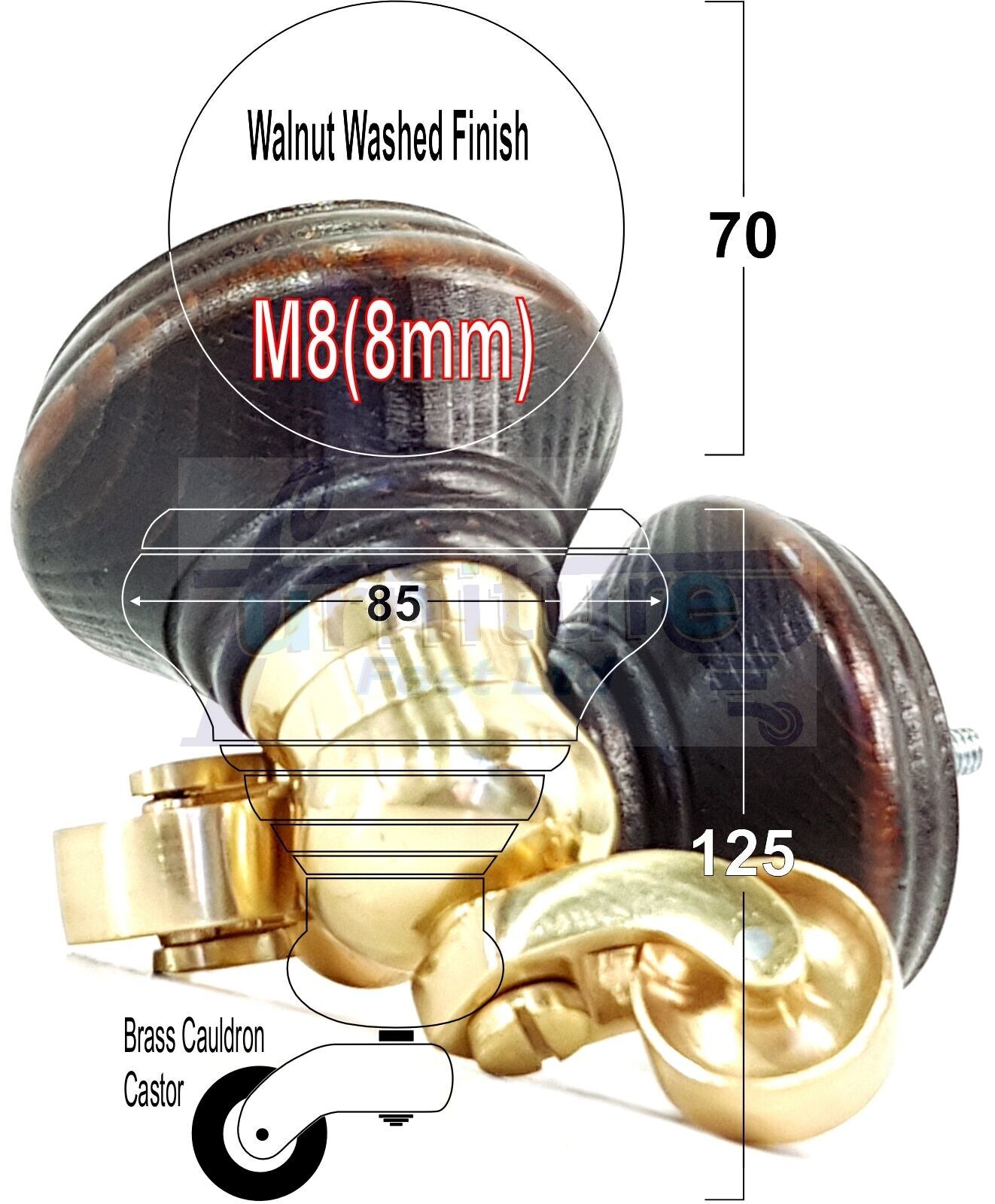 4x Dark Walnut Washed Wooden Furniture Sofa Legs M8 With Castors Replacement Chair Settee Feet 115mm - 125mm High