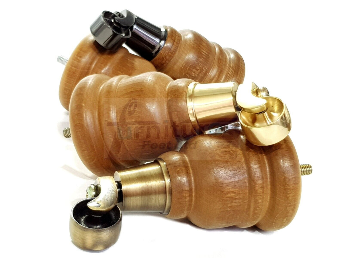 4 Turned Wood Dark Oak Stain Furniture Replacement Legs with Castors 155mm Legs M8 Fitting