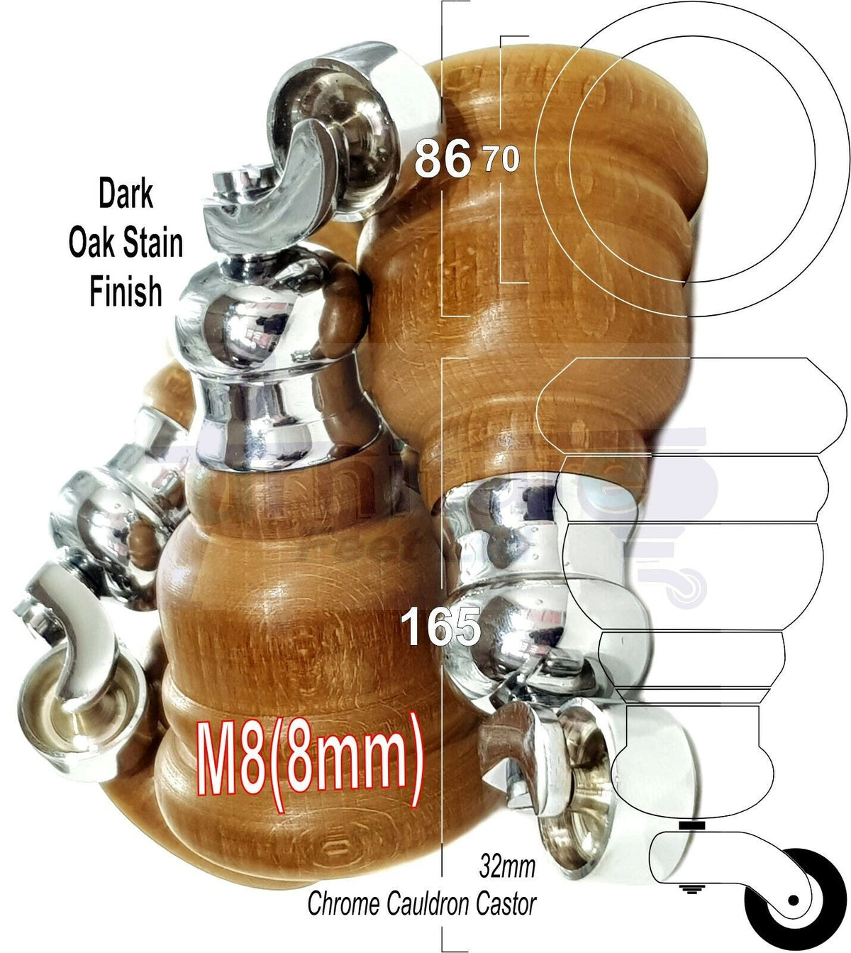 4 Turned Wood Dark Oak Stain Furniture Replacement Legs with Castors 155mm Legs M8 Fitting