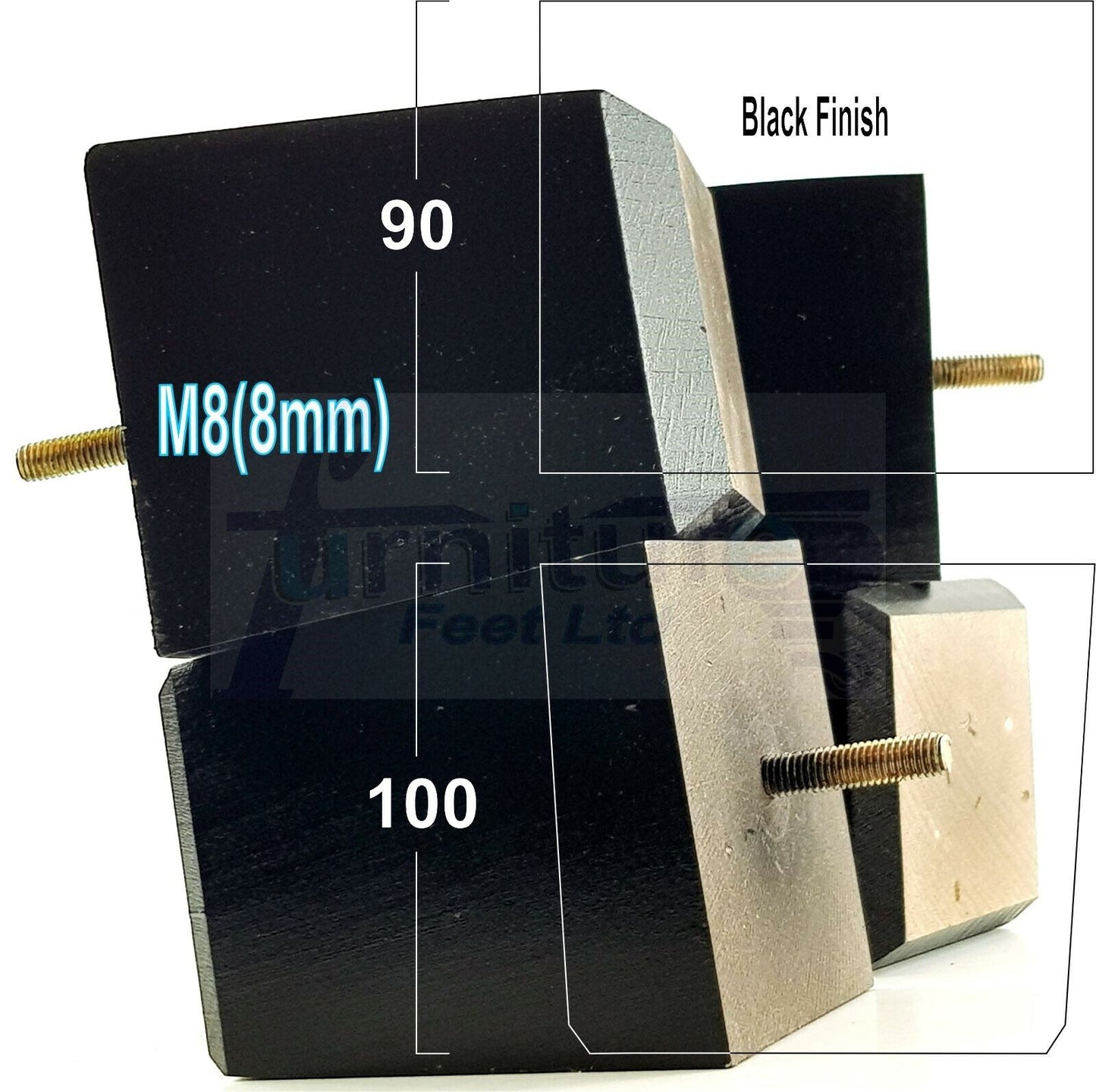 4x Solid Wood Square Furniture Legs Block Replacement Feet 100mm M8(8mm)