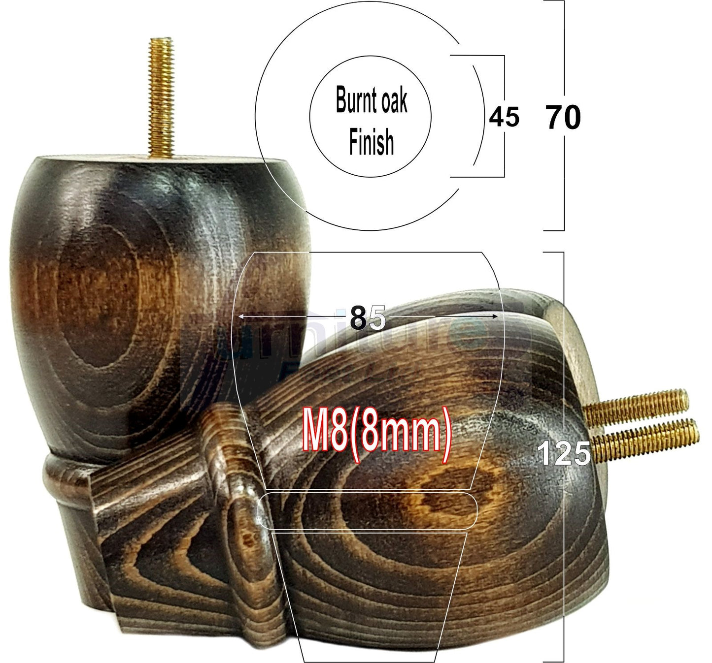 Set Of 4 Solid Wood Turned Replacement Furniture Legs 125mm High 8mm Thread