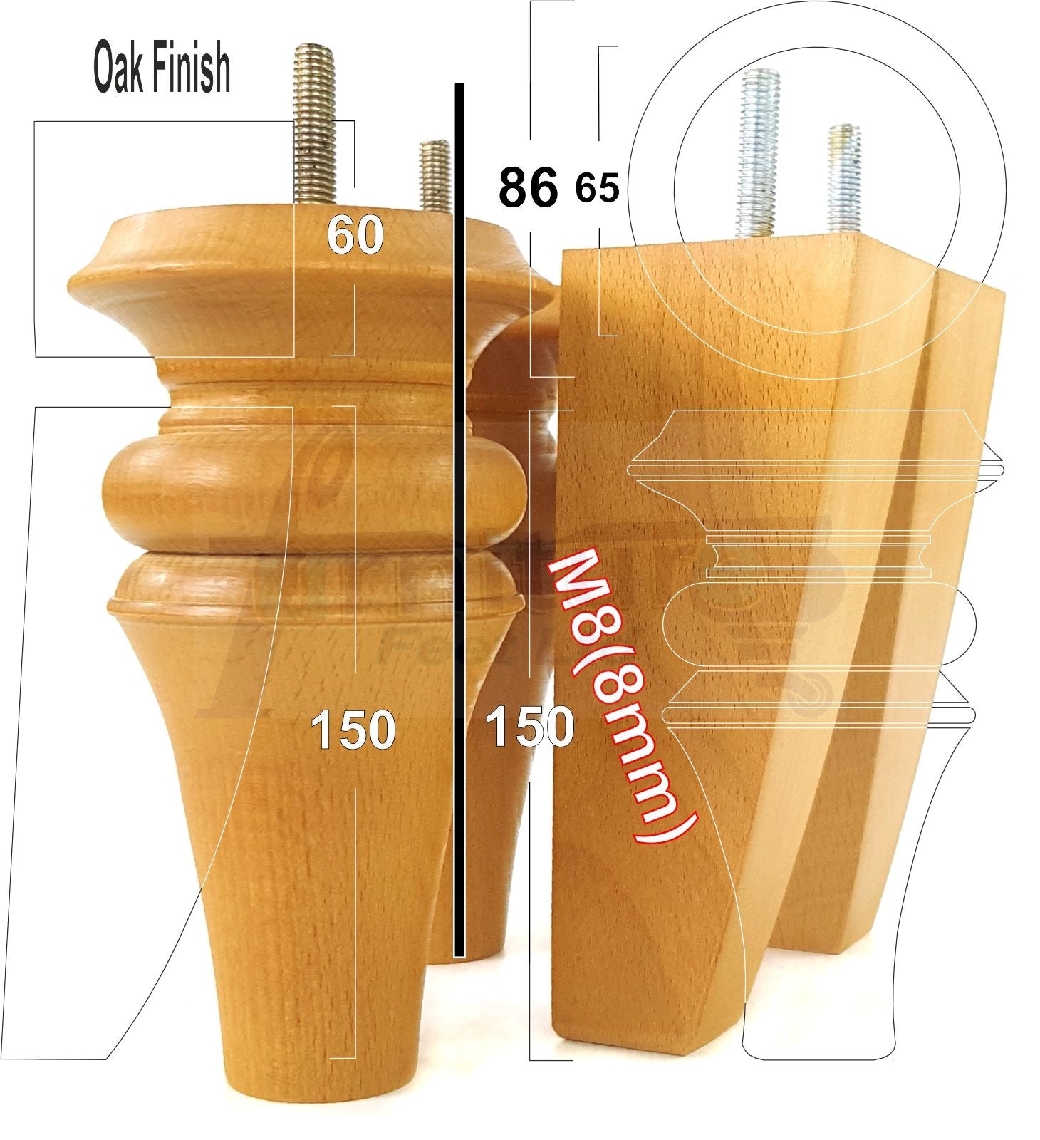 2x Turned & 2x Curved Back Wooden Feet Replacement Furniture Legs 150mm M8(8mm)