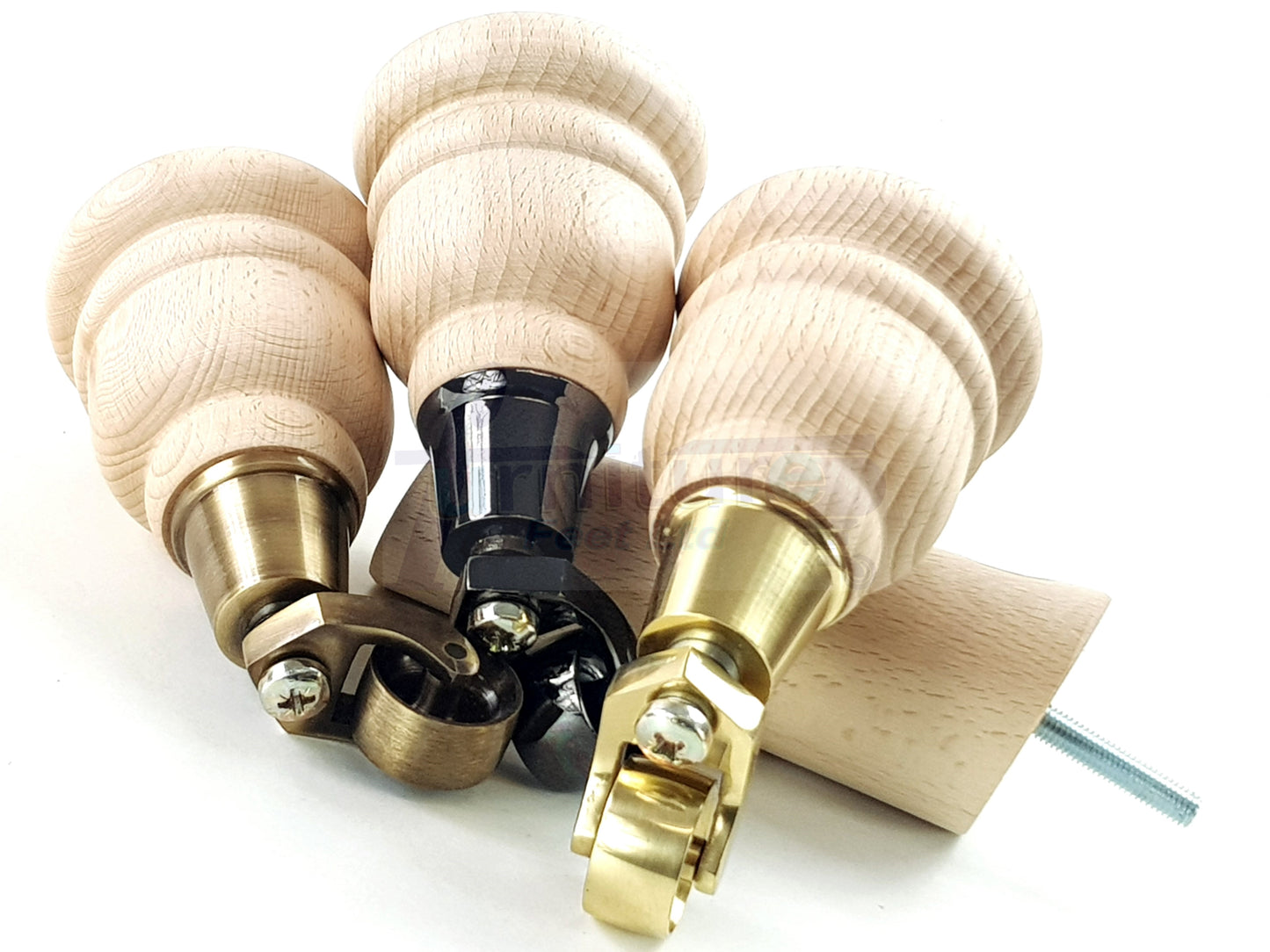 Turned Raw Solid Wood Replacement Furniture Legs 2x with Castors and 2x Curved Back Feet 8mm Dowl Fixing 6 Inches 165mm High