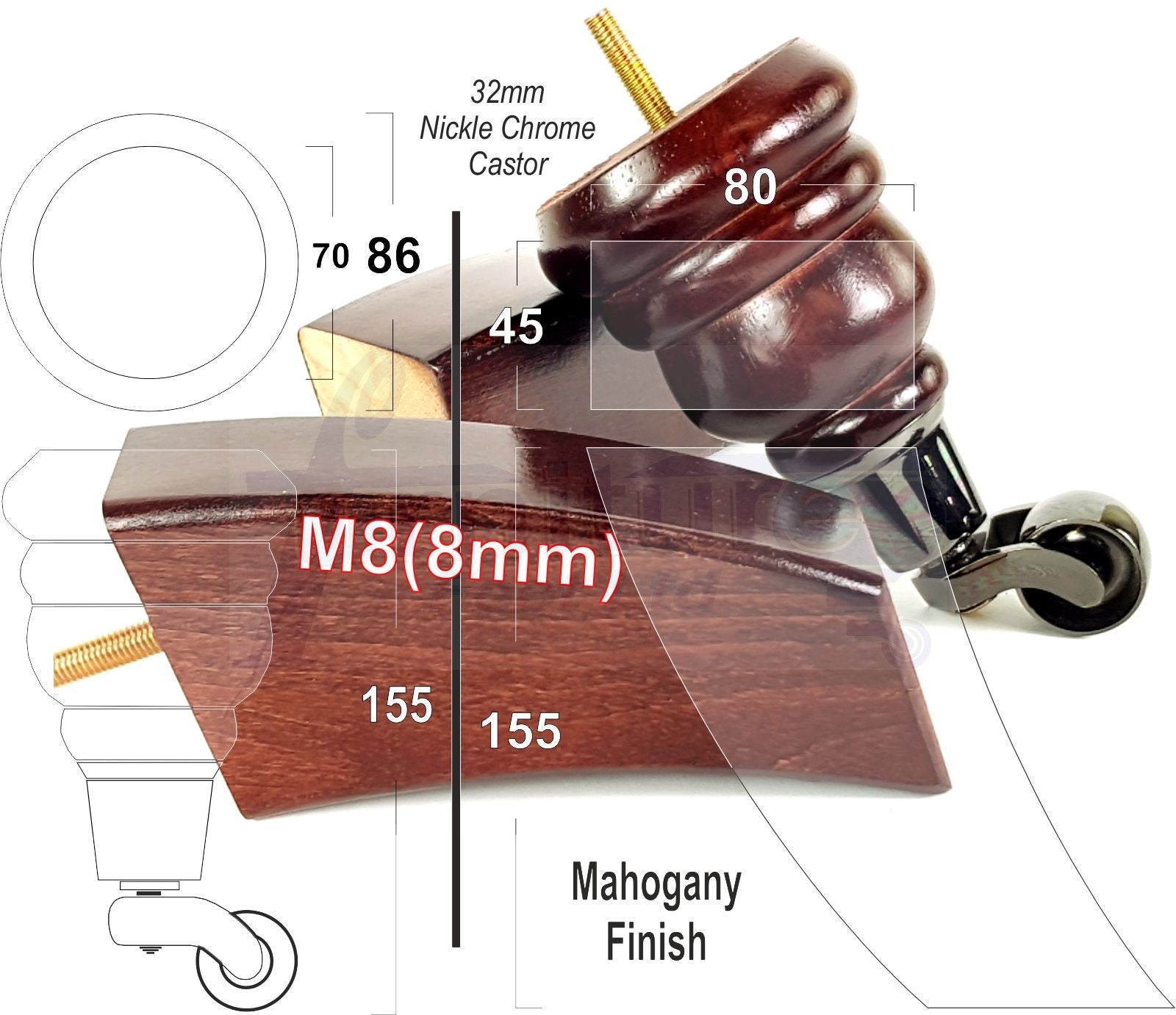 Mahogany Turned Wood Furniture Feet 2 With Castors 155mm and 2 Curved Back Legs Sofas Chairs Stools Cabinets Beds M8 6 Inches