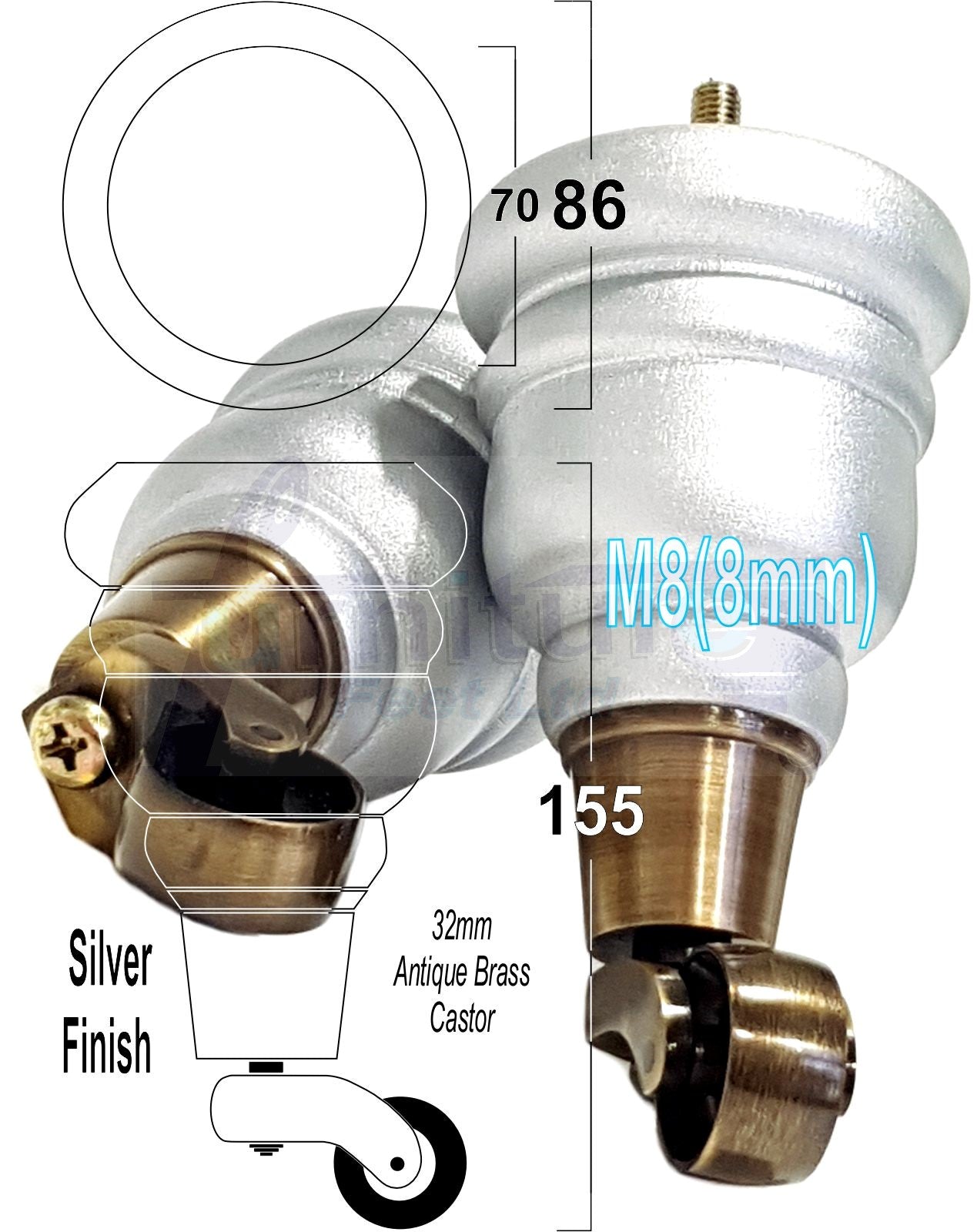 4 Turned Wood Furniture Feet With Antique Brass Castors 155mm Legs Sofas Chairs Stools Cabinets Beds M8 6 Inches