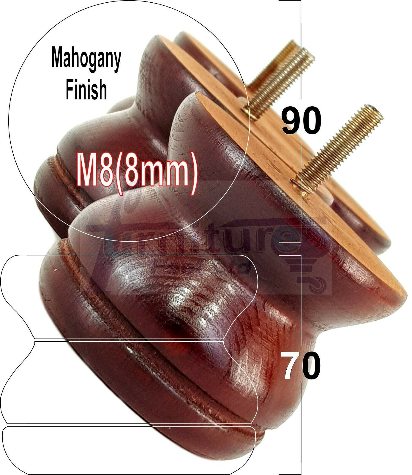 4x Turned Solid Wood Furniture Legs Replacement Bun Feet 70mm High 8mm Thread