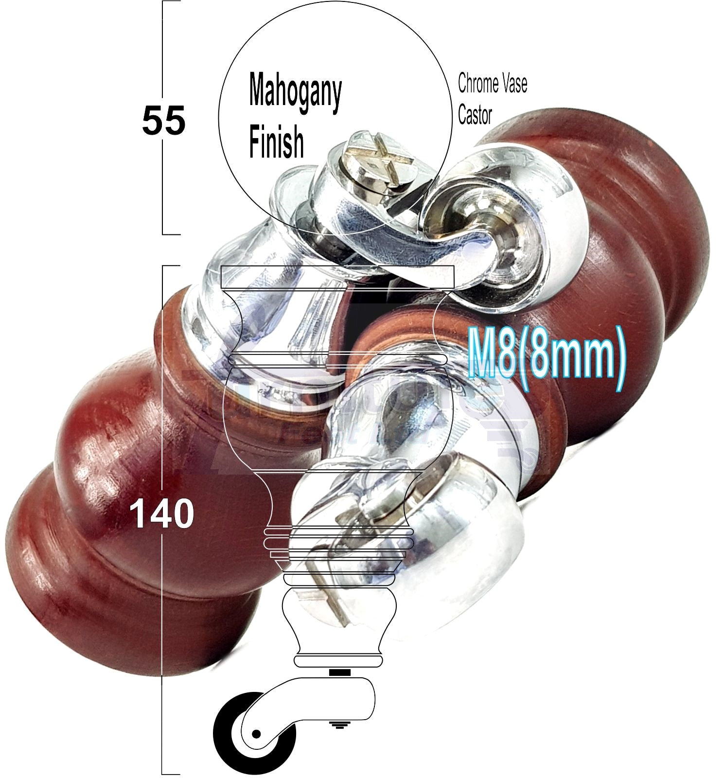 Set Of 4 Turned Wood Furniture Legs With140mm High Castor 8mm Thread For Chairs Settees & Cabinets