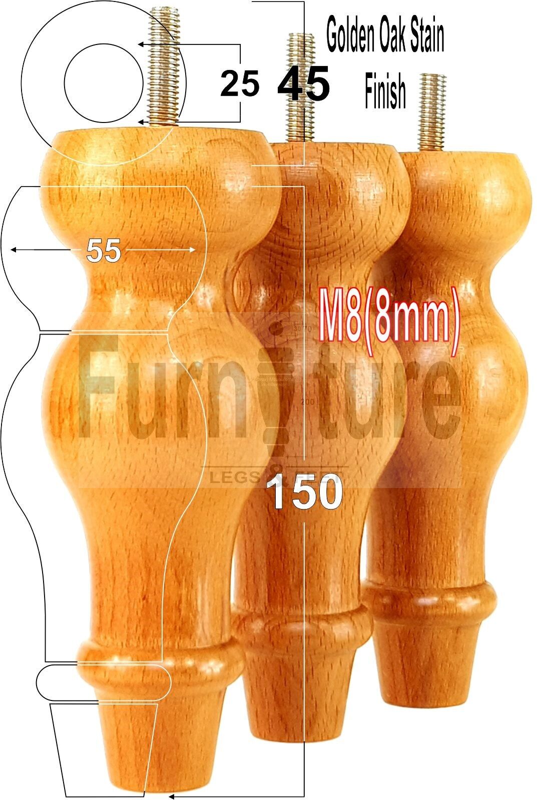 Set Of 4 Solid Wood Turned Furniture Feet Replacement Legs 150mm High 8mm Thread